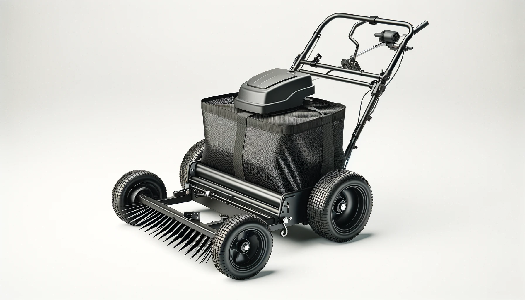 DALL·E-2024-05-08-13.28.37-A-tow-behind-lawn-sweeper-with-a-black-frame-and-collection-bag-featuring-wheels-and-a-tow-hitch.-The-sweeper-is-shown-from-the-side-to-highlight-its