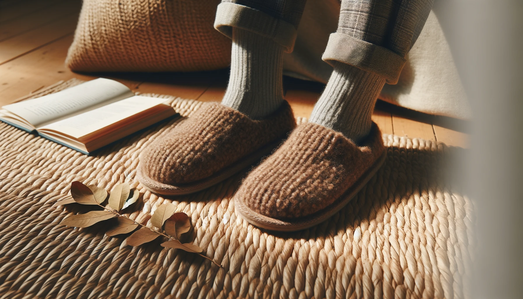 DALL·E-2024-05-08-13.37.20-A-pair-of-cozy-slippers-in-a-warm-brown-color-worn-by-a-person-sitting-on-a-beige-woven-rug.-The-slippers-are-made-of-soft-textured-fabric-providin