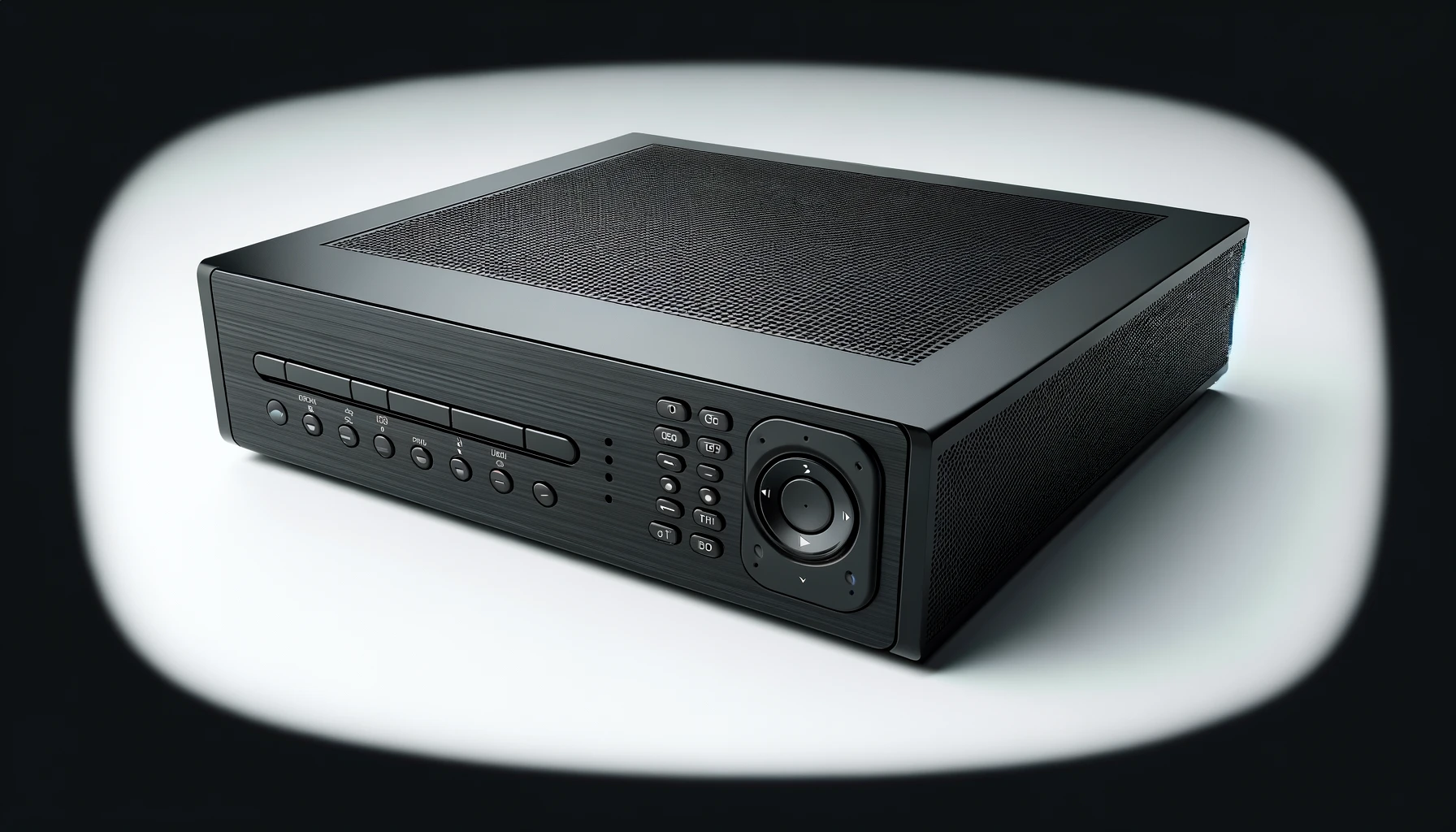 DALL·E-2024-05-08-13.43.48-A-modern-black-digital-video-recorder-DVR-with-a-rectangular-casing-ventilation-grilles-and-control-panels.-The-DVR-is-shown-in-perspective-to-hig
