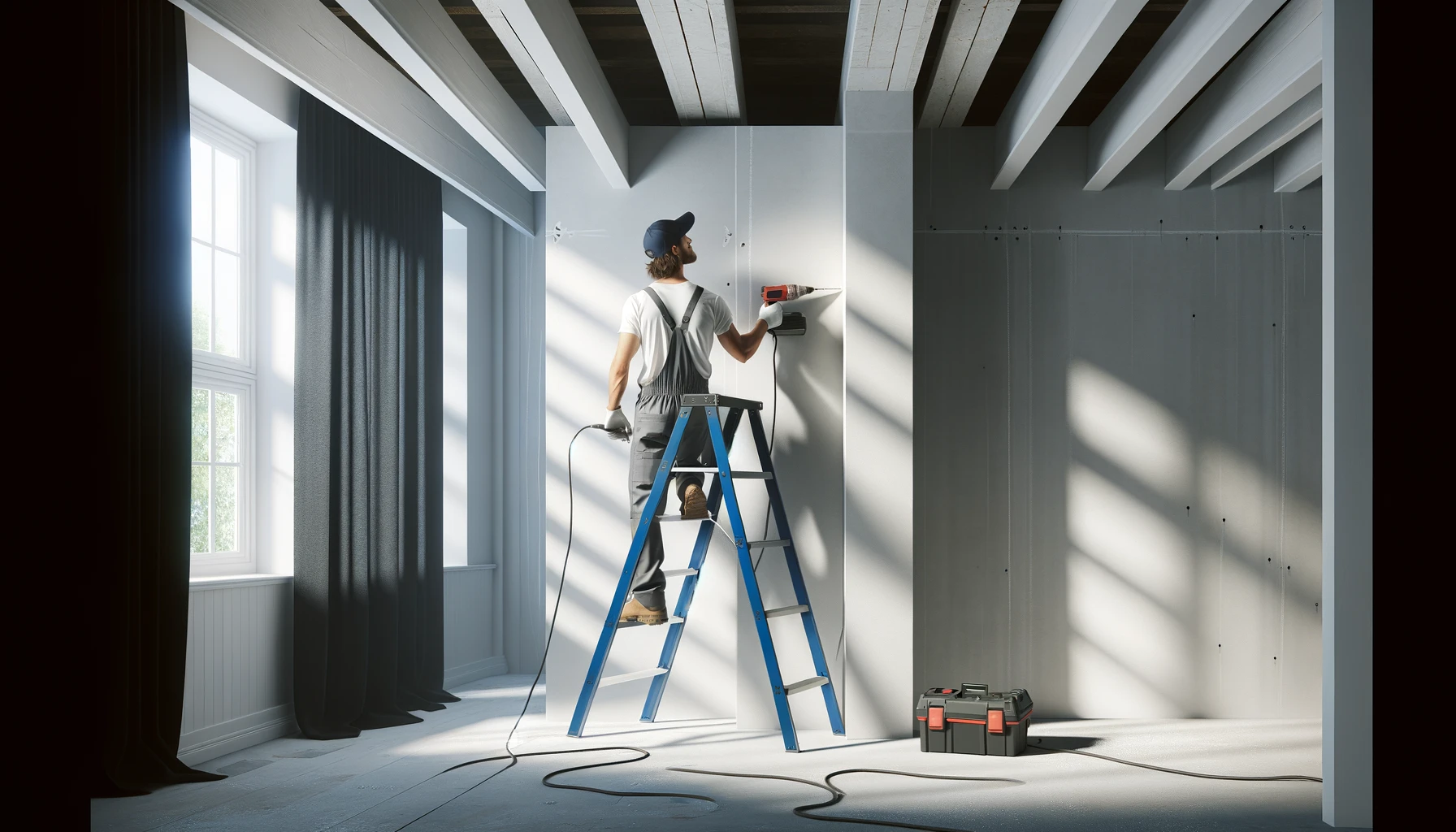 DALL·E-2024-05-08-13.50.17-A-man-wearing-a-cap-and-a-work-uniform-is-standing-on-a-blue-step-ladder-inside-a-spacious-unfinished-room.-Hes-using-a-power-tool-on-a-tall-white-w