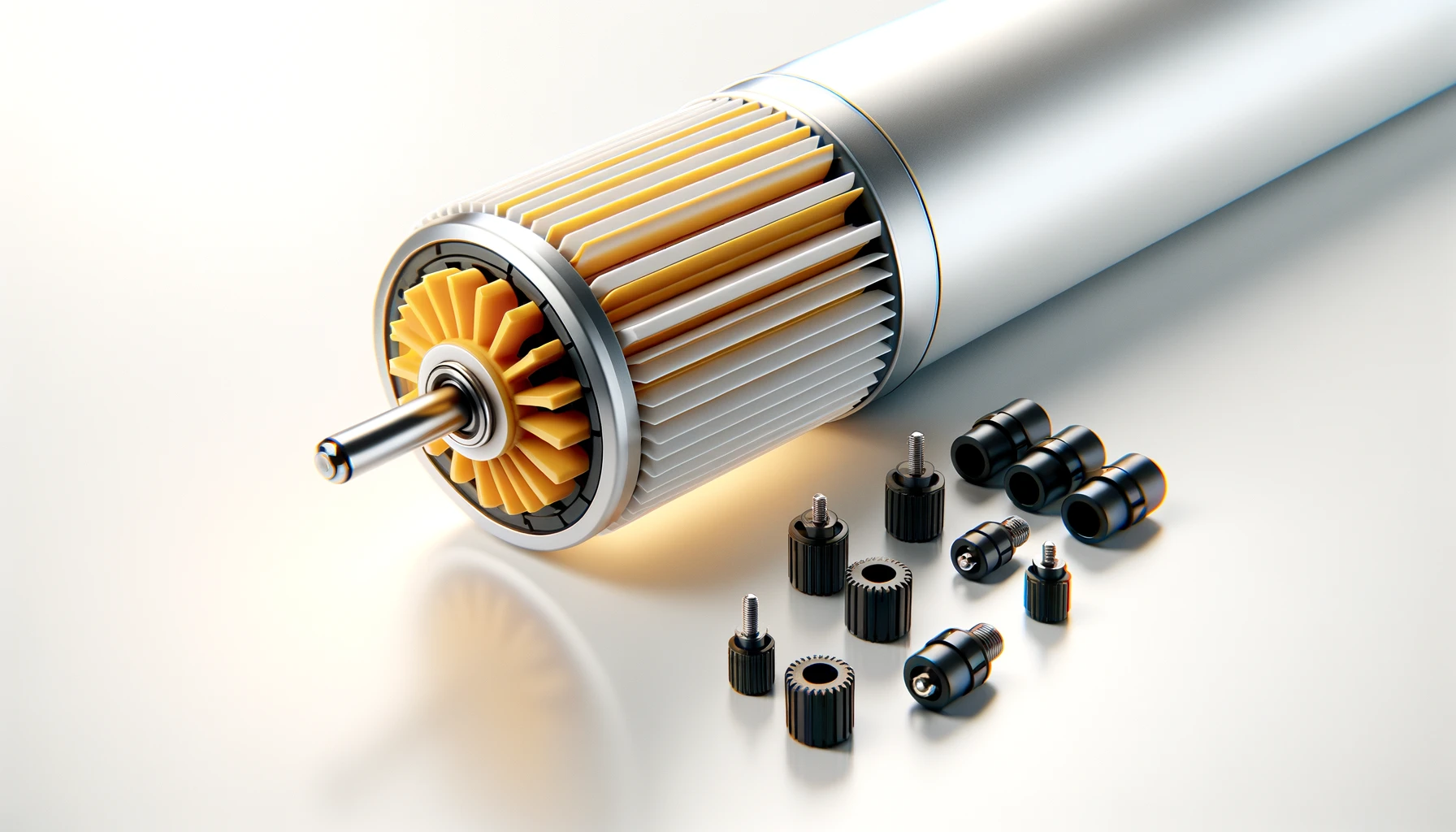 DALL·E-2024-05-08-13.53.11-A-cylindrical-motor-tube-with-a-yellow-gear-like-end-and-a-white-wire-is-placed-on-a-white-background.-Nearby-are-four-black-adapters-of-different-siz