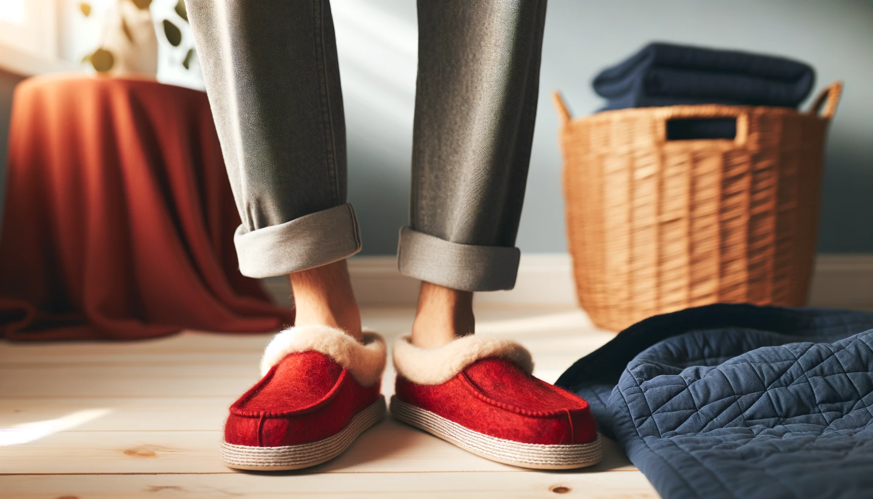 DALL·E-2024-05-08-15.18.26-A-pair-of-vibrant-red-slippers-with-a-soft-wool-lining-worn-by-a-person-standing-on-a-light-wooden-floor.-The-slippers-have-a-classic-design-with-con