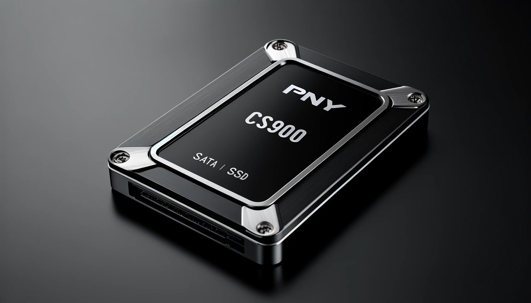 DALL·E-2024-05-08-15.47.55-A-PNY-CS900-SATA-SSD-with-a-2.5-inch-form-factor-and-250GB-capacity.-The-SSD-has-an-elegant-black-case-with-silver-accents-and-the-word-PNY-prominen