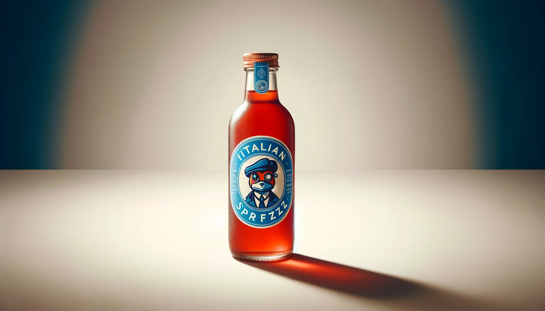 DALL·E-2024-05-09-06.50.05-A-transparent-glass-bottle-filled-with-a-red-beverage-topped-with-a-copper-colored-cap.-The-label-is-blue-with-a-central-logo-of-an-anthropomorphic-c