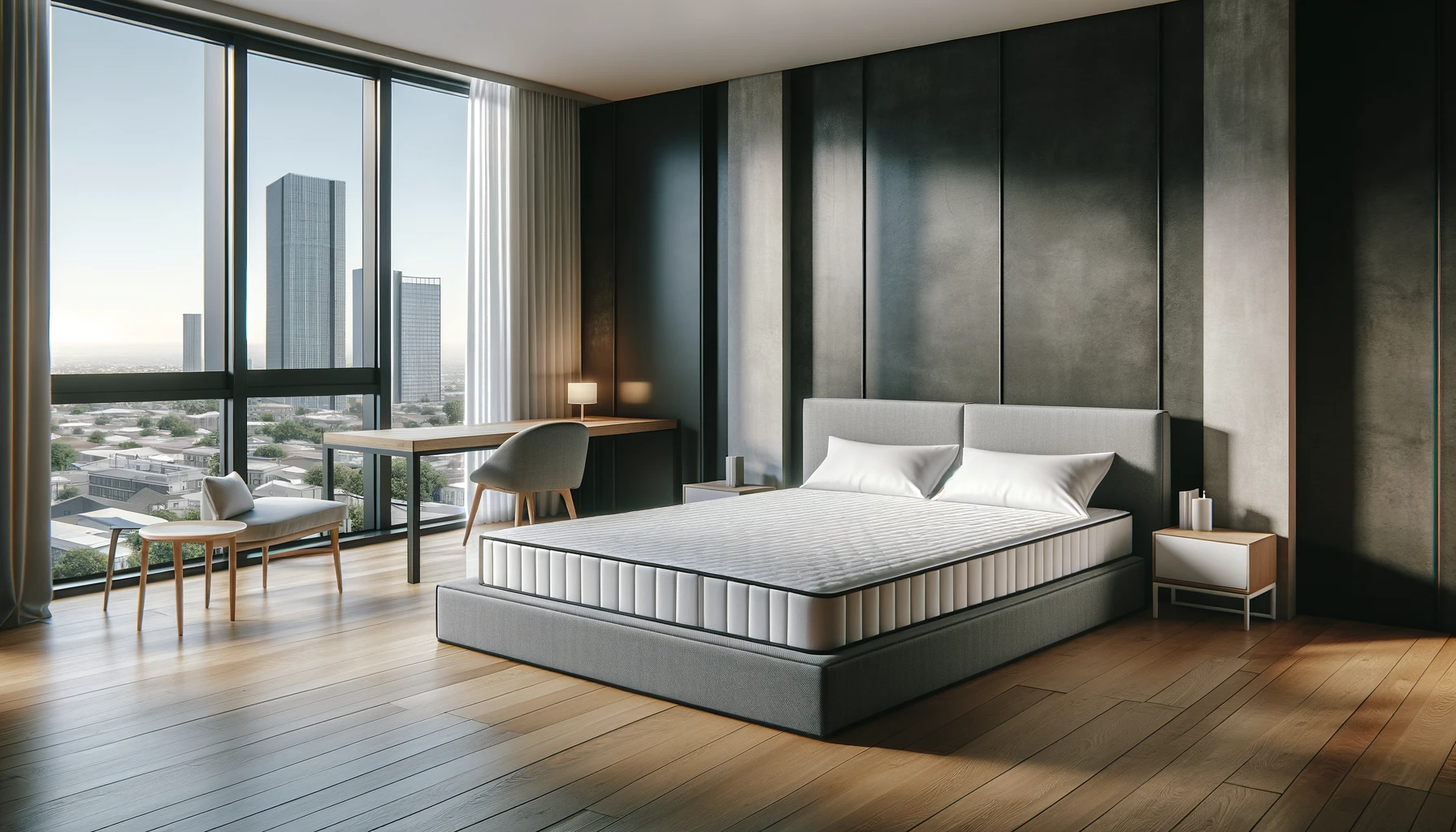 DALL·E-2024-05-09-06.58.24-A-modern-bedroom-with-a-bed-featuring-a-white-mattress-and-a-grey-bed-base.-The-room-has-large-windows-on-the-right-showing-a-cityscape.-The-walls-ar