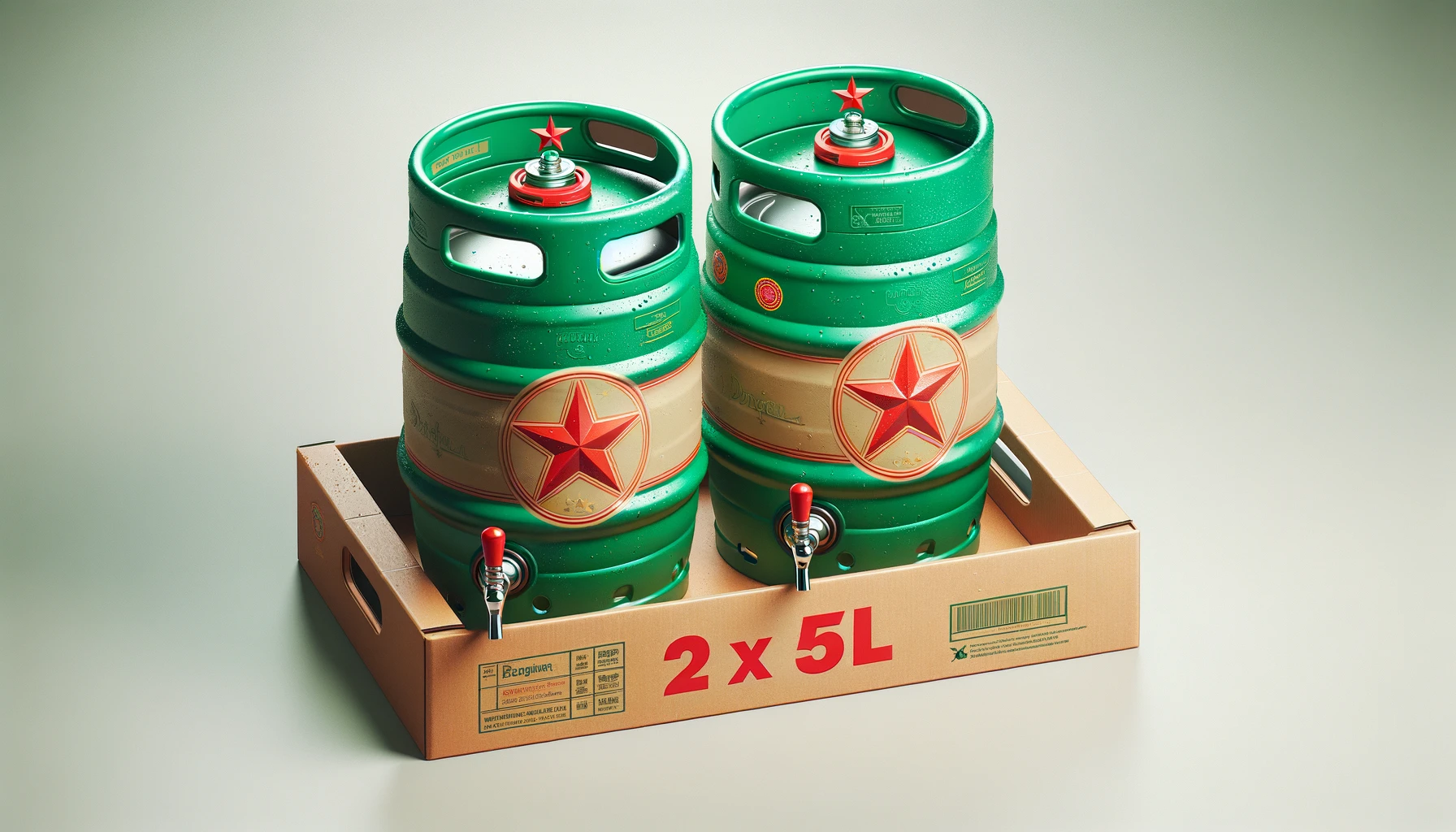 DALL·E-2024-05-09-07.17.22-Two-green-beer-kegs-with-a-red-star-logo-and-prominent-text-on-them-placed-on-a-cardboard-tray-labeled-2-x-5L.-The-kegs-feature-taps-on-top-for-dis
