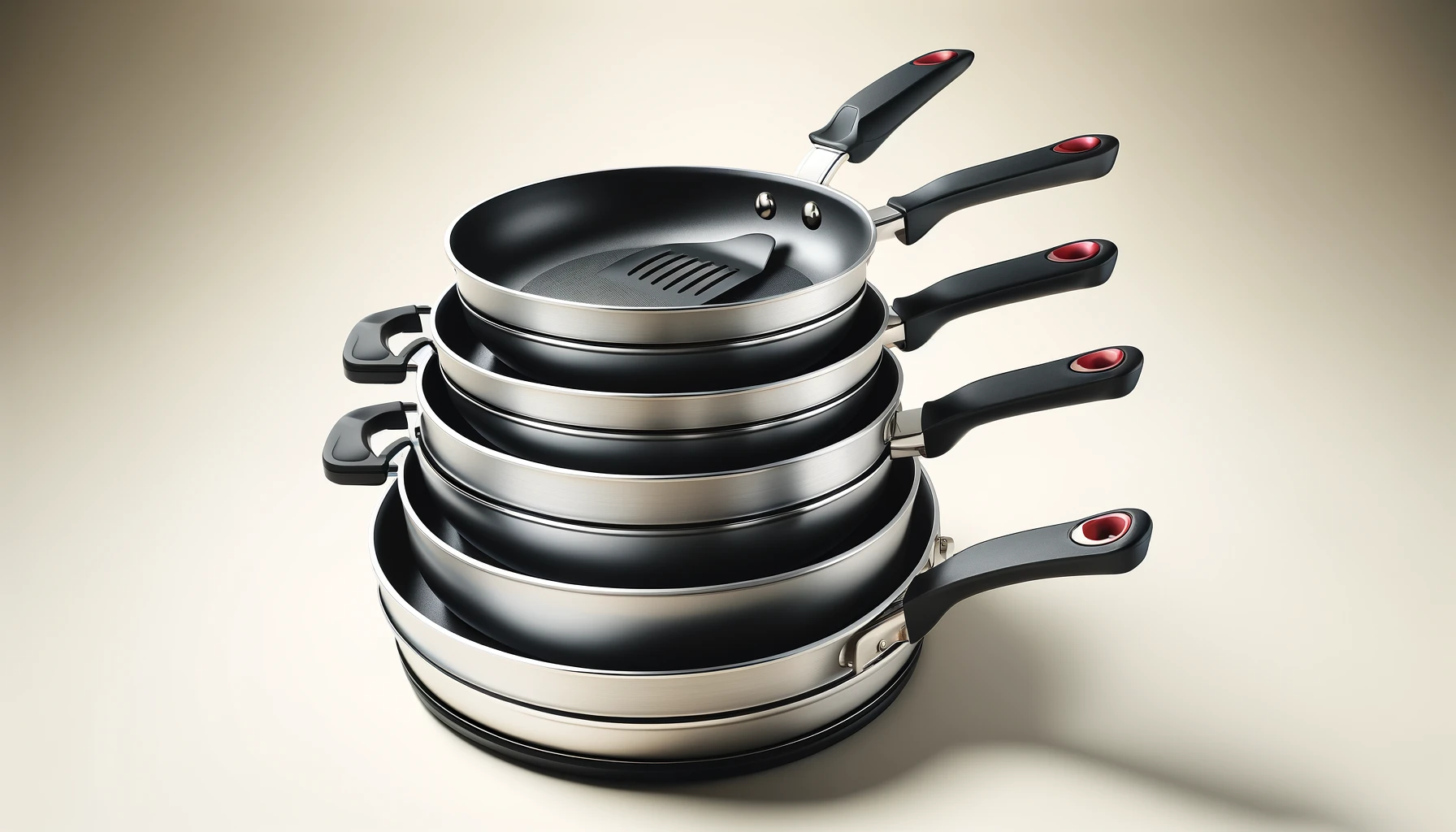 DALL·E-2024-05-09-08.17.48-Stacked-set-of-silver-metal-frying-pans-with-a-non-stick-black-interior-accompanied-by-a-detachable-black-handle-with-a-red-button.-16_9-aspect-ratio