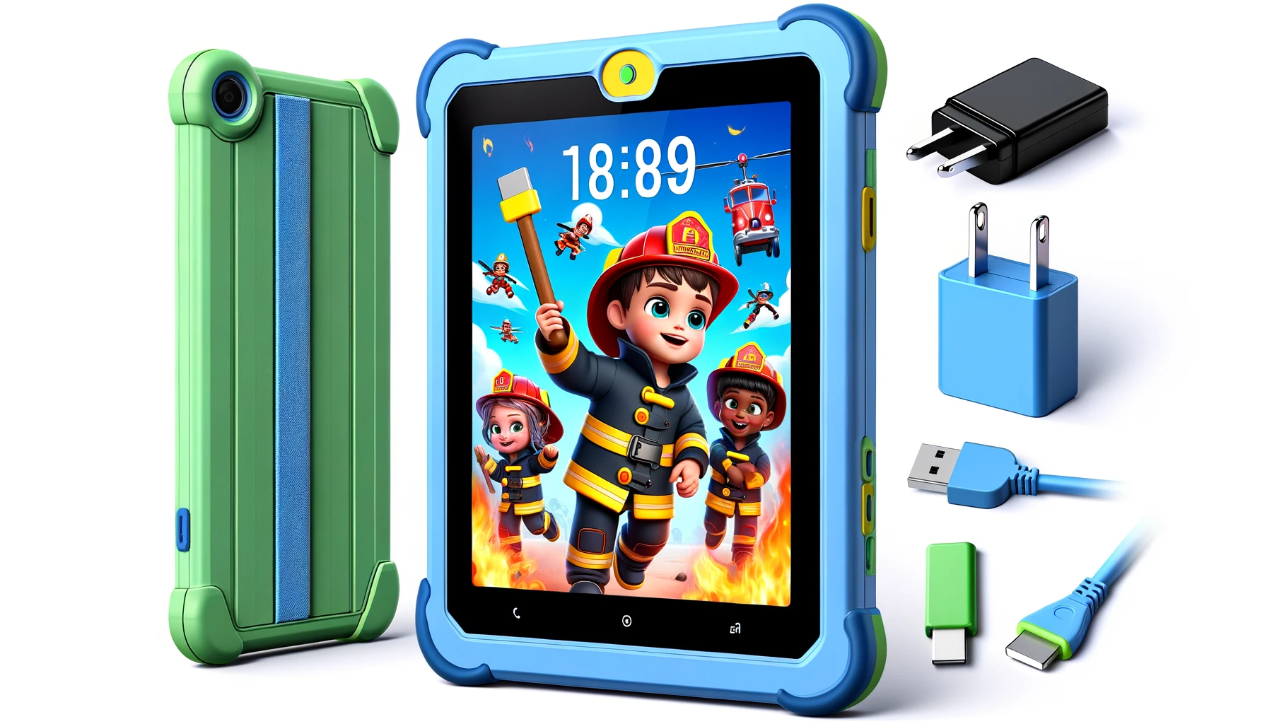 DALL·E-2024-05-09-08.21.06-Childrens-tablet-with-a-blue-case-and-a-green-kickstand-accompanied-by-a-charger-a-USB-cable-and-a-colorful-back-case.-The-tablet-screen-displays-