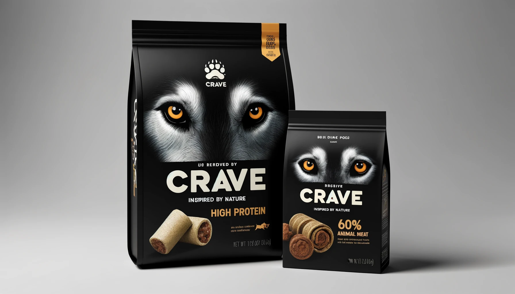 DALL·E-2024-05-16-07.45.40-Two-Crave-dog-food-products.-The-first-is-a-large-black-bag-with-a-close-up-image-of-wolf-eyes-on-the-front-emphasizing-High-Protein-and-Inspired-