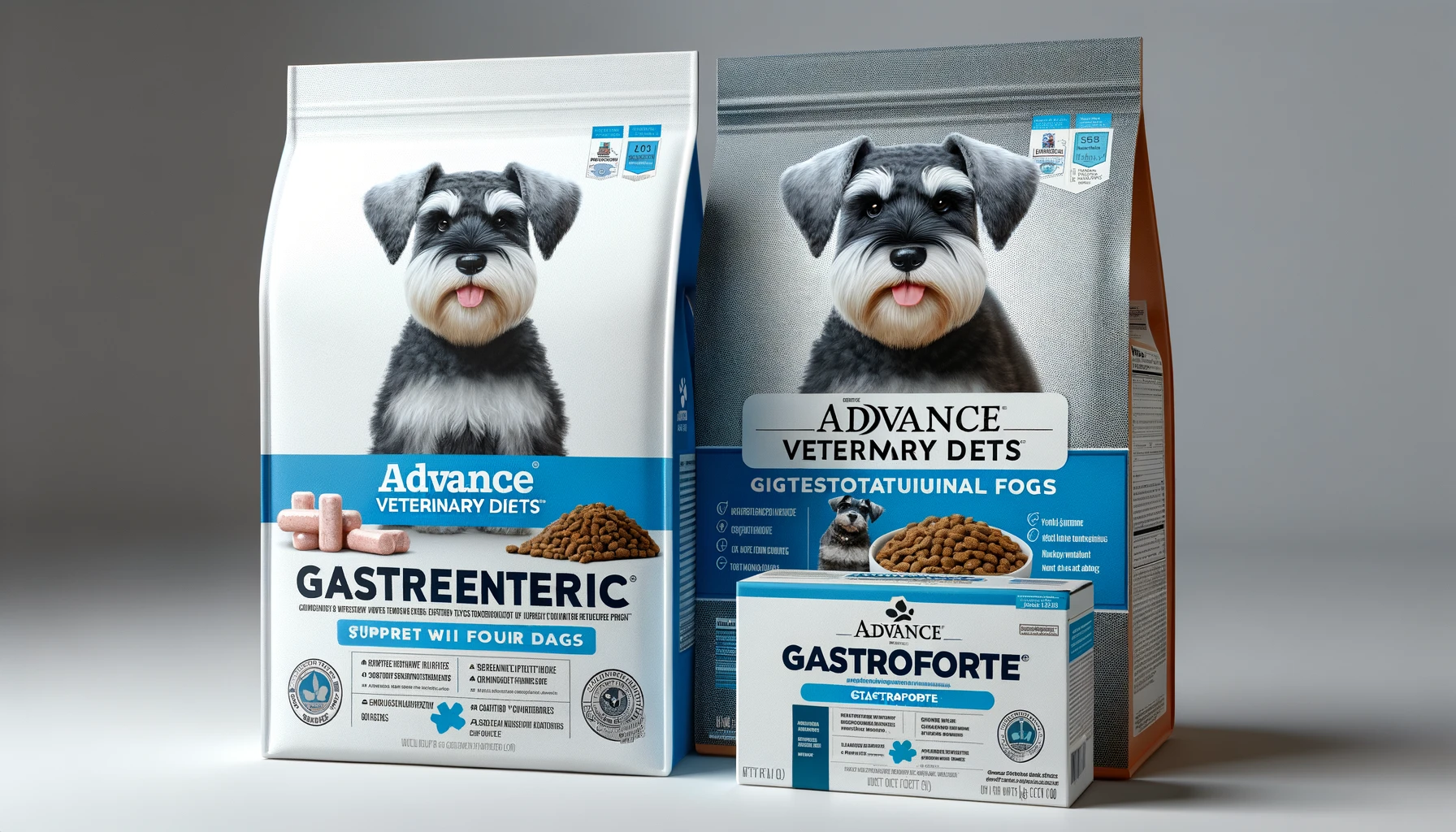 DALL·E-2024-05-16-08.20.44-Two-products-from-the-Advance-Veterinary-Diets-line-for-dogs.-The-first-is-a-large-white-bag-labeled-GASTROENTERIC-in-blue-featuring-a-photo-of-a-S