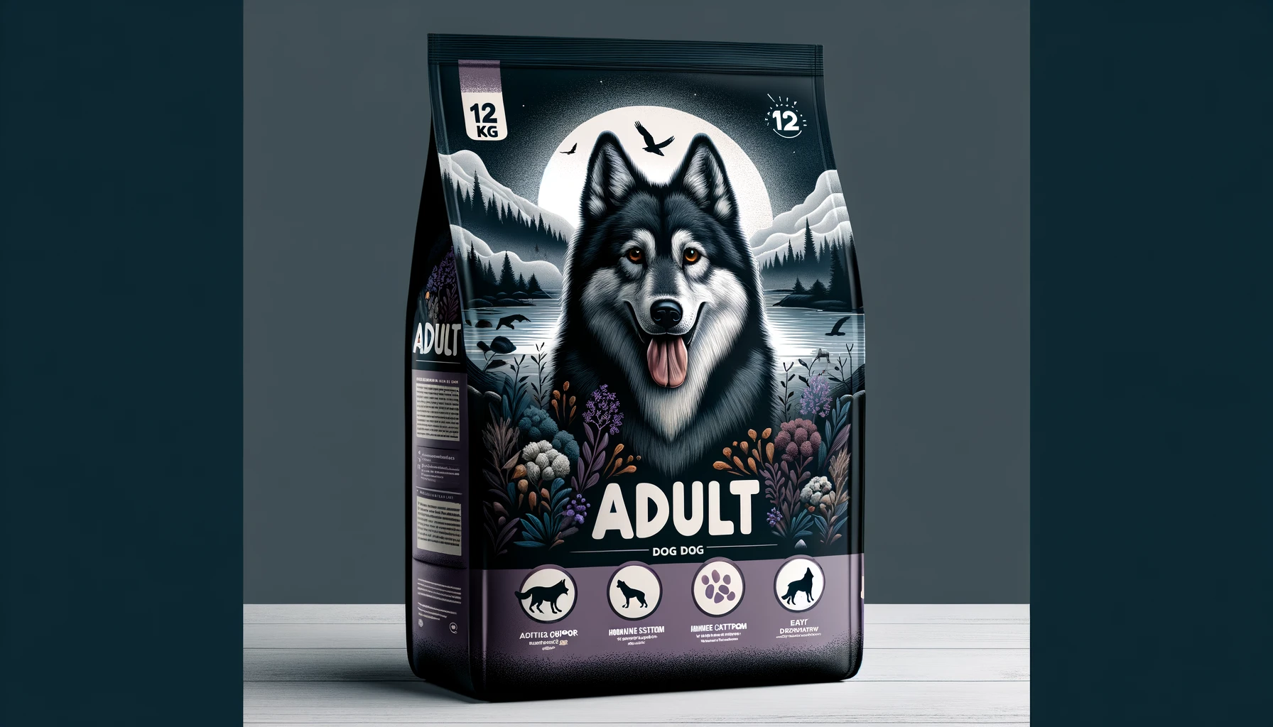 DALL·E-2024-05-16-08.38.58-A-dog-food-bag-for-adult-dogs-from-Briantos.-The-design-features-a-dark-background-with-a-central-image-of-a-wolf-like-dog-in-a-natural-setting-near-a