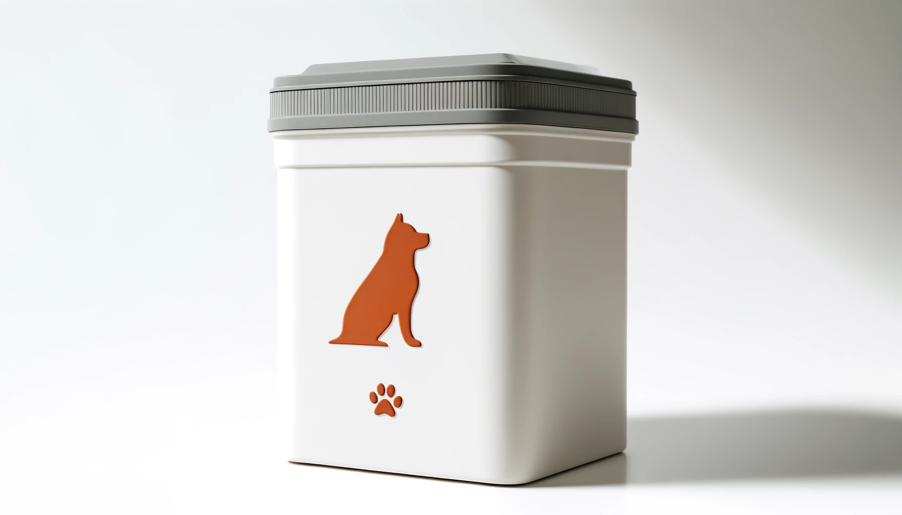 DALL·E-2024-05-16-08.43.25-A-pet-food-storage-container-white-with-a-gray-lid.-It-is-rectangular-and-upright-designed-to-optimize-storage-space.-On-the-side-of-the-container-