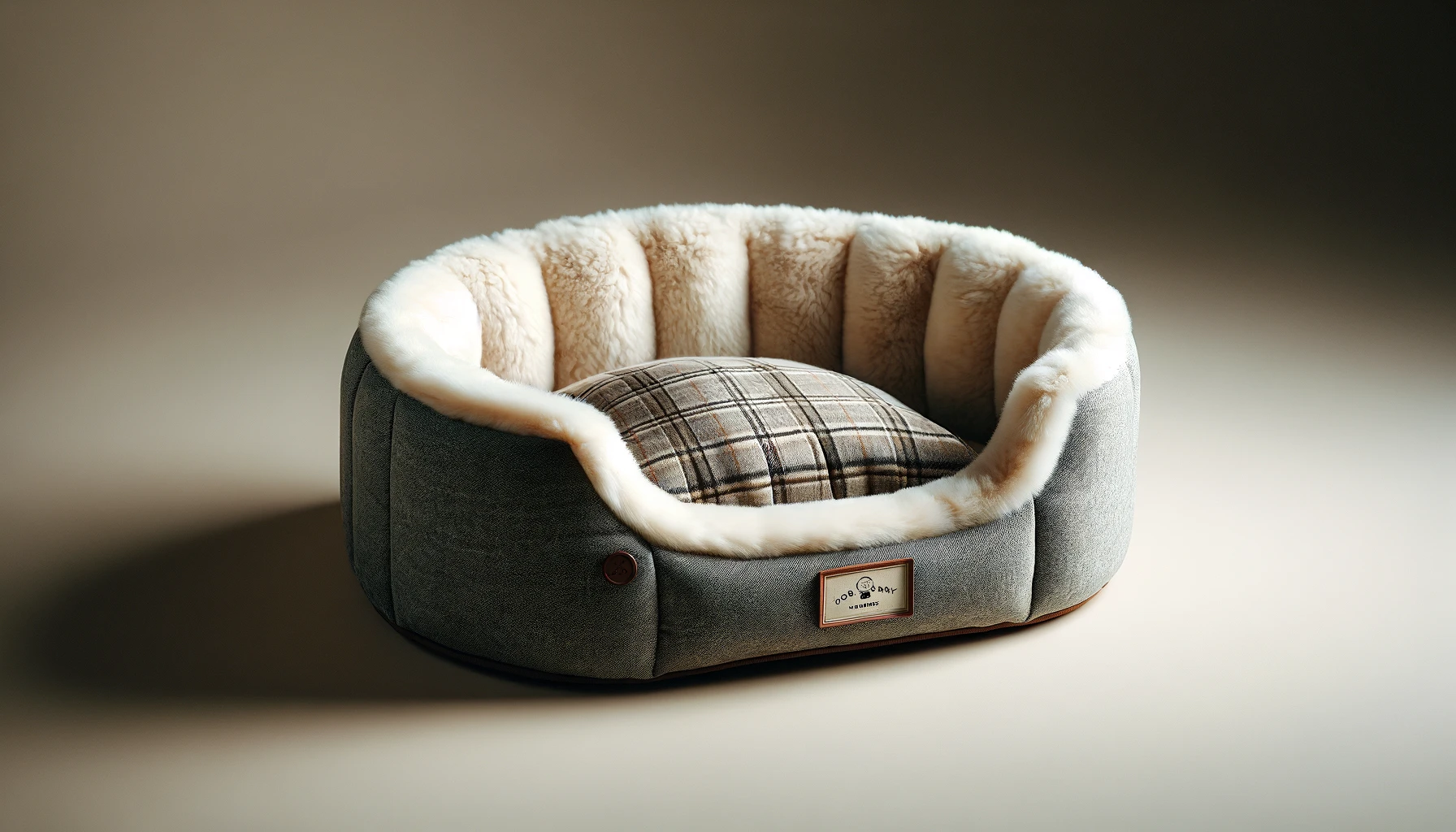 DALL·E-2024-05-16-08.47.17-A-pet-bed-designed-for-comfort-and-style.-The-bed-is-oval-shaped-with-a-gray-fabric-exterior-and-a-white-fur-lined-interior-creating-a-cozy-and-warm-