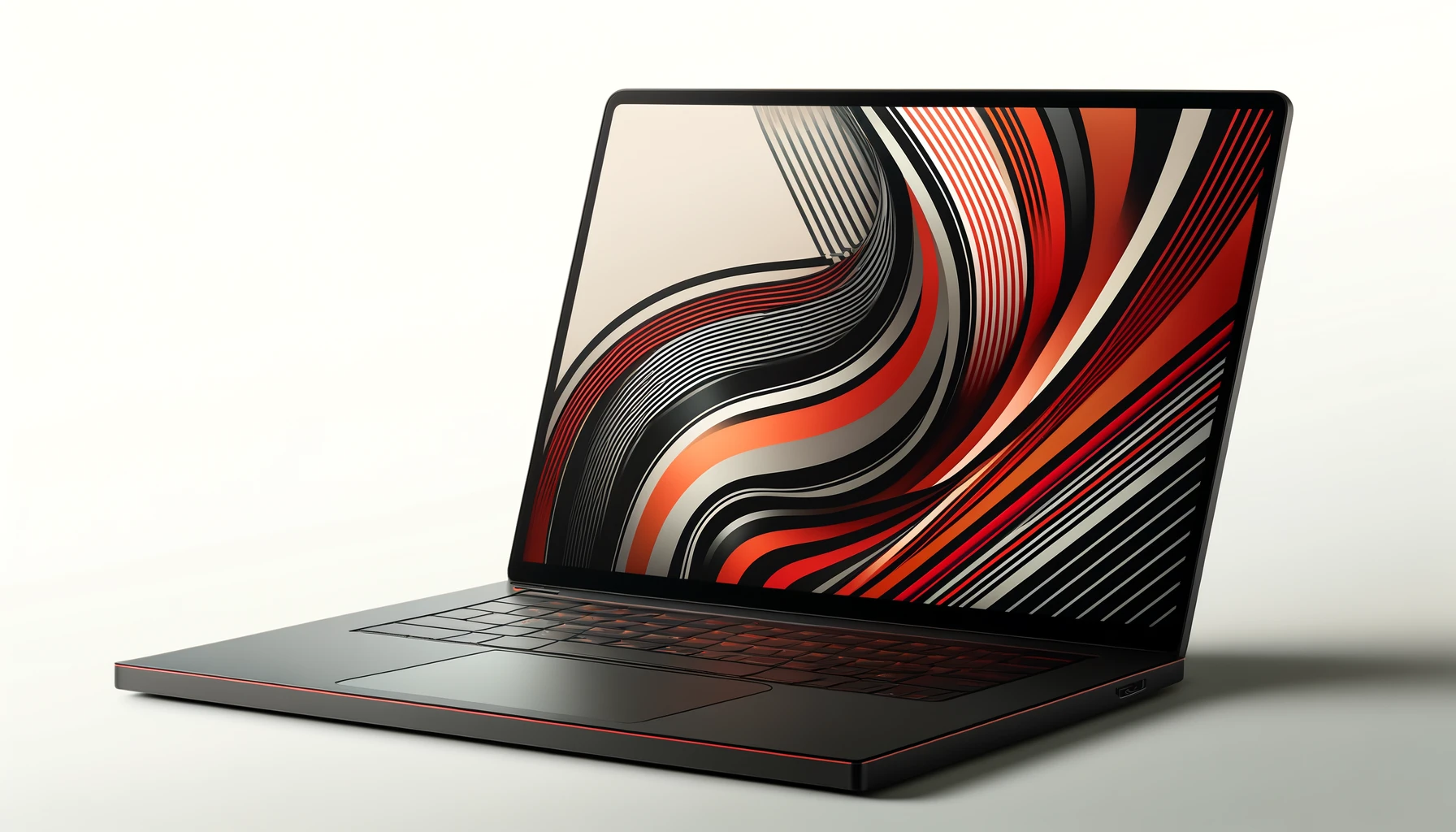 DALL·E-2024-05-16-09.32.35-An-open-high-tech-laptop-with-a-slim-design-displaying-a-stylized-graphic-wallpaper-featuring-geometric-patterns-of-curves-and-diagonal-lines-in-red