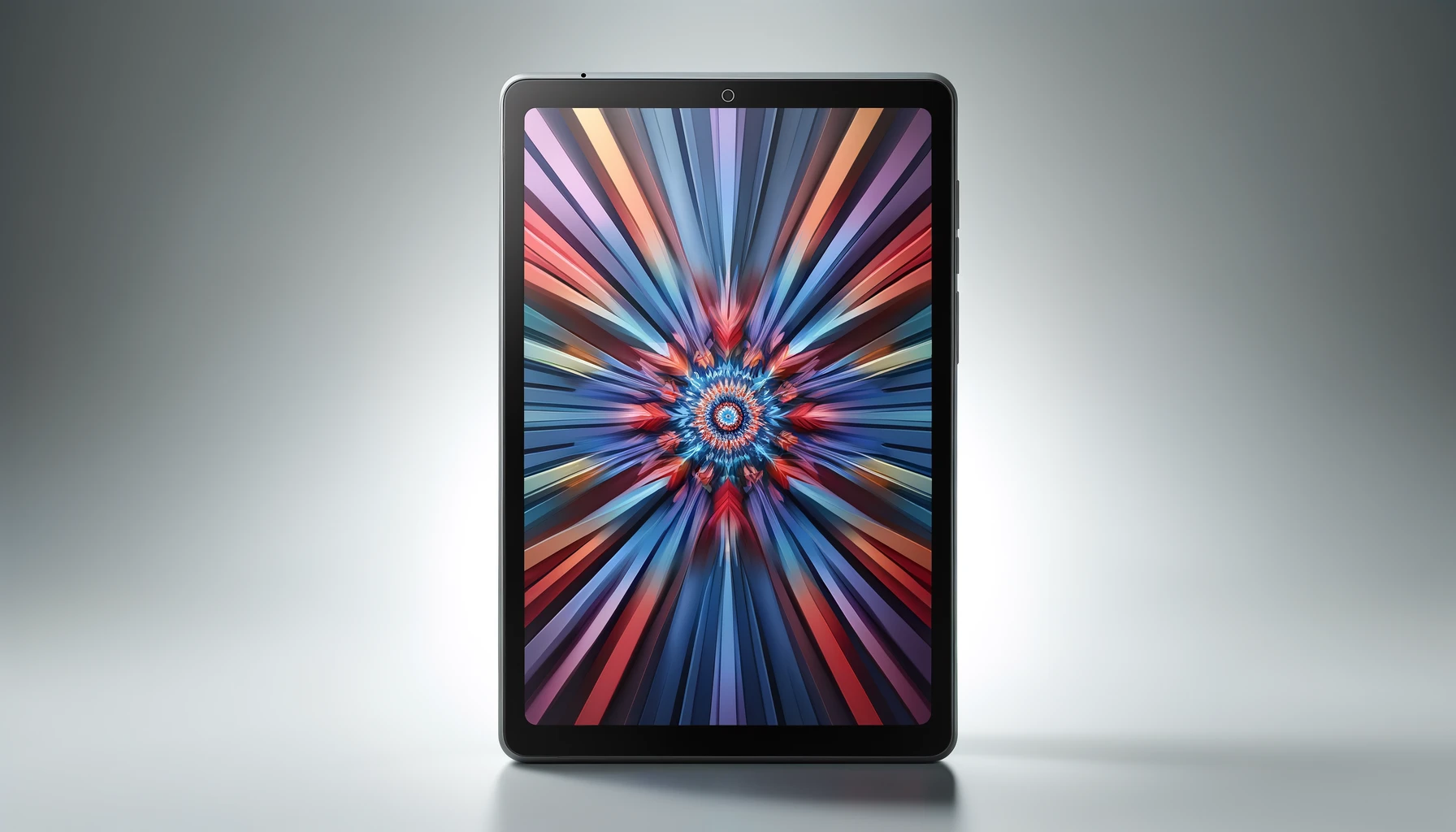 DALL·E-2024-05-16-10.20.45-A-modern-gray-tablet-with-a-rear-camera-displaying-a-dynamic-kaleidoscopic-graphic-on-the-screen.-The-graphic-features-radial-multicolored-patterns-e