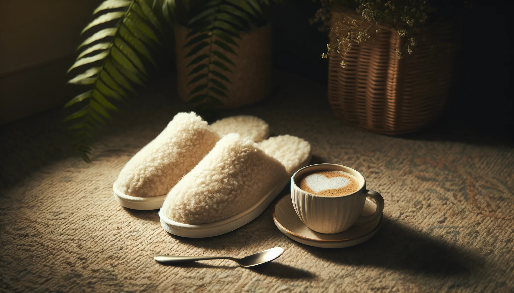 DALL·E-2024-05-16-11.11.53-A-cozy-indoor-scene-featuring-a-pair-of-soft-cream-colored-mule-slippers-with-fluffy-white-lining-placed-on-a-textured-beige-rug.-Next-to-the-slippe