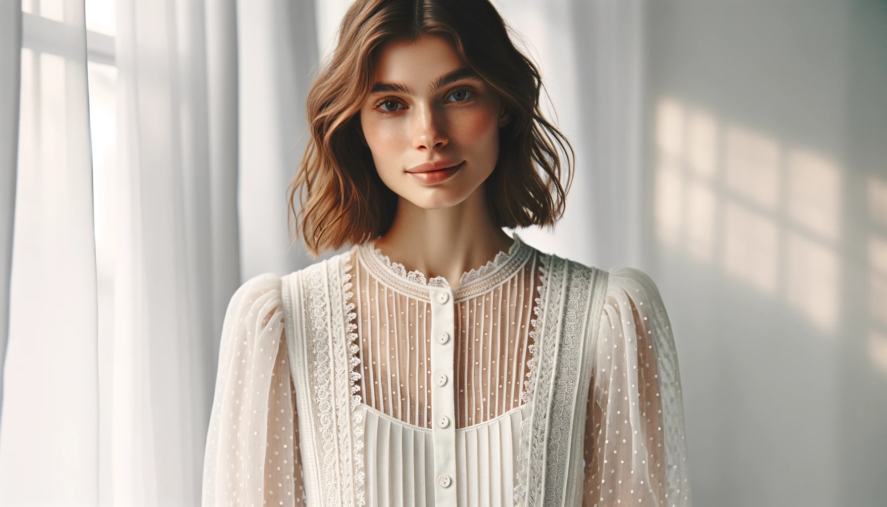 DALL·E-2024-05-16-11.53.21-A-portrait-of-a-woman-in-a-delicate-white-pajama-top-featuring-intricate-pleated-details-and-dotted-fabric-texture.-The-top-has-a-refined-Victorian-in