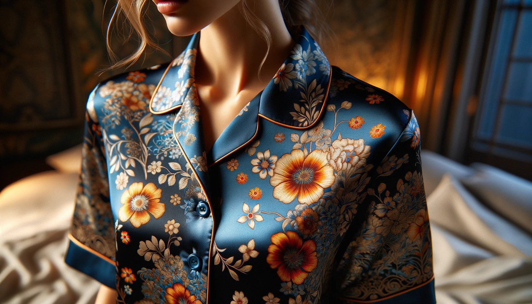 DALL·E-2024-05-16-12.28.43-Close-up-of-a-woman-wearing-a-short-sleeve-pajama-top-with-a-vibrant-blue-floral-pattern.-The-pajama-features-a-classic-collar-and-is-adorned-with-int