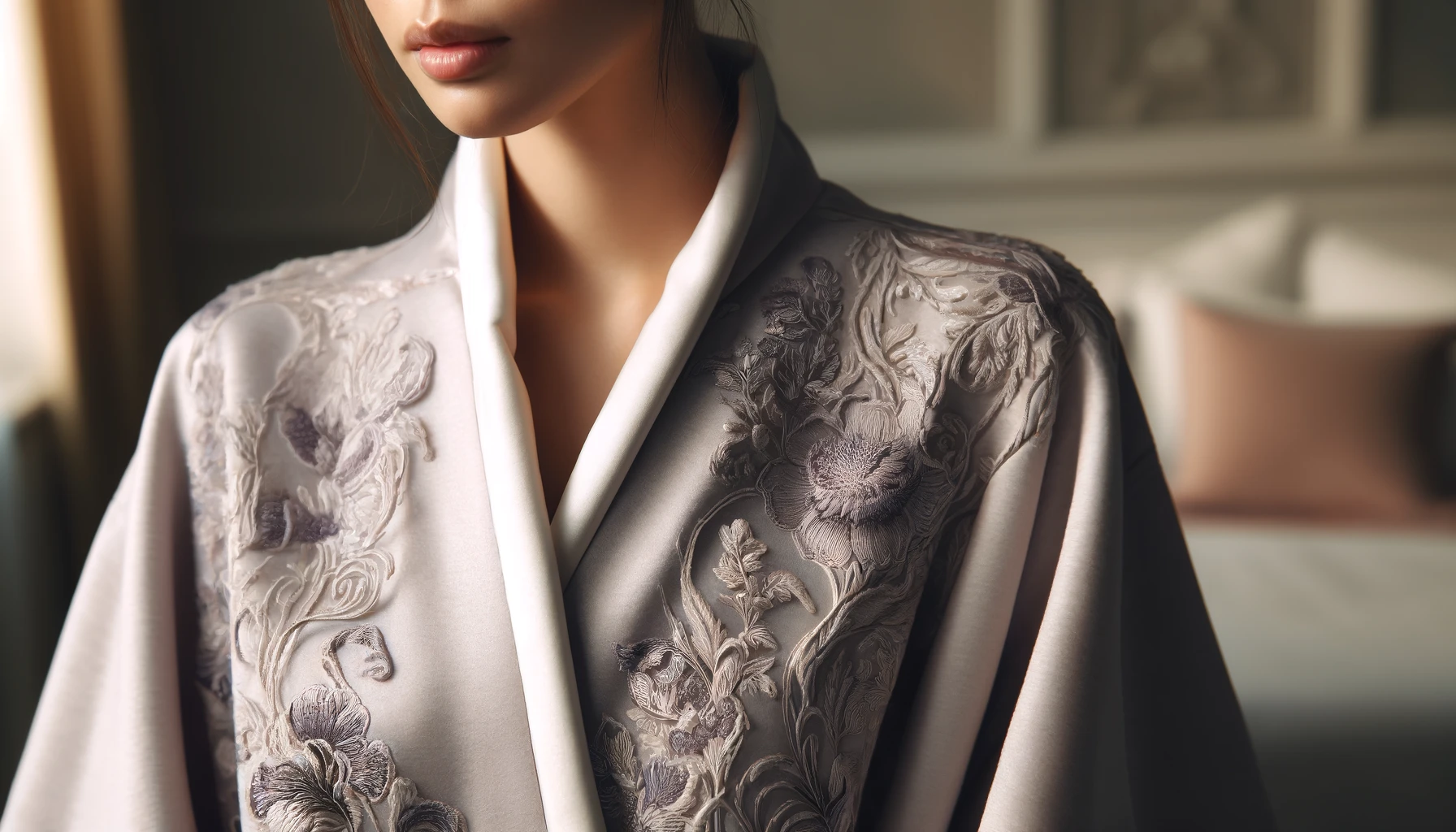 DALL·E-2024-05-16-14.25.43-A-close-up-portrait-of-a-woman-wearing-a-luxurious-robe-focused-on-the-chest-up.-The-robe-is-light-purple-with-a-detailed-floral-pattern-in-a-darker-