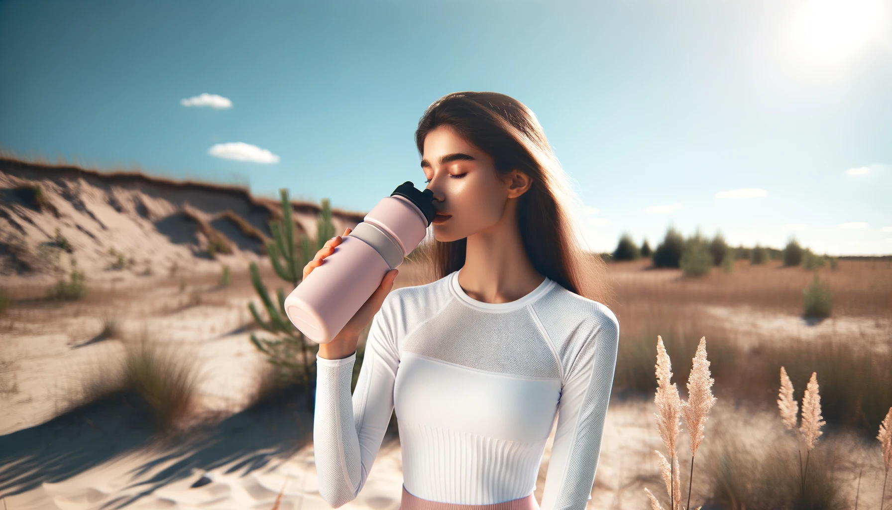 DALL·E-2024-05-16-14.57.51-A-young-woman-outdoors-in-a-sunlight-environment-drinking-from-a-stylish-pink-sports-bottle.-She-is-wearing-a-white-fitted-long-sleeve-top-with-a-su