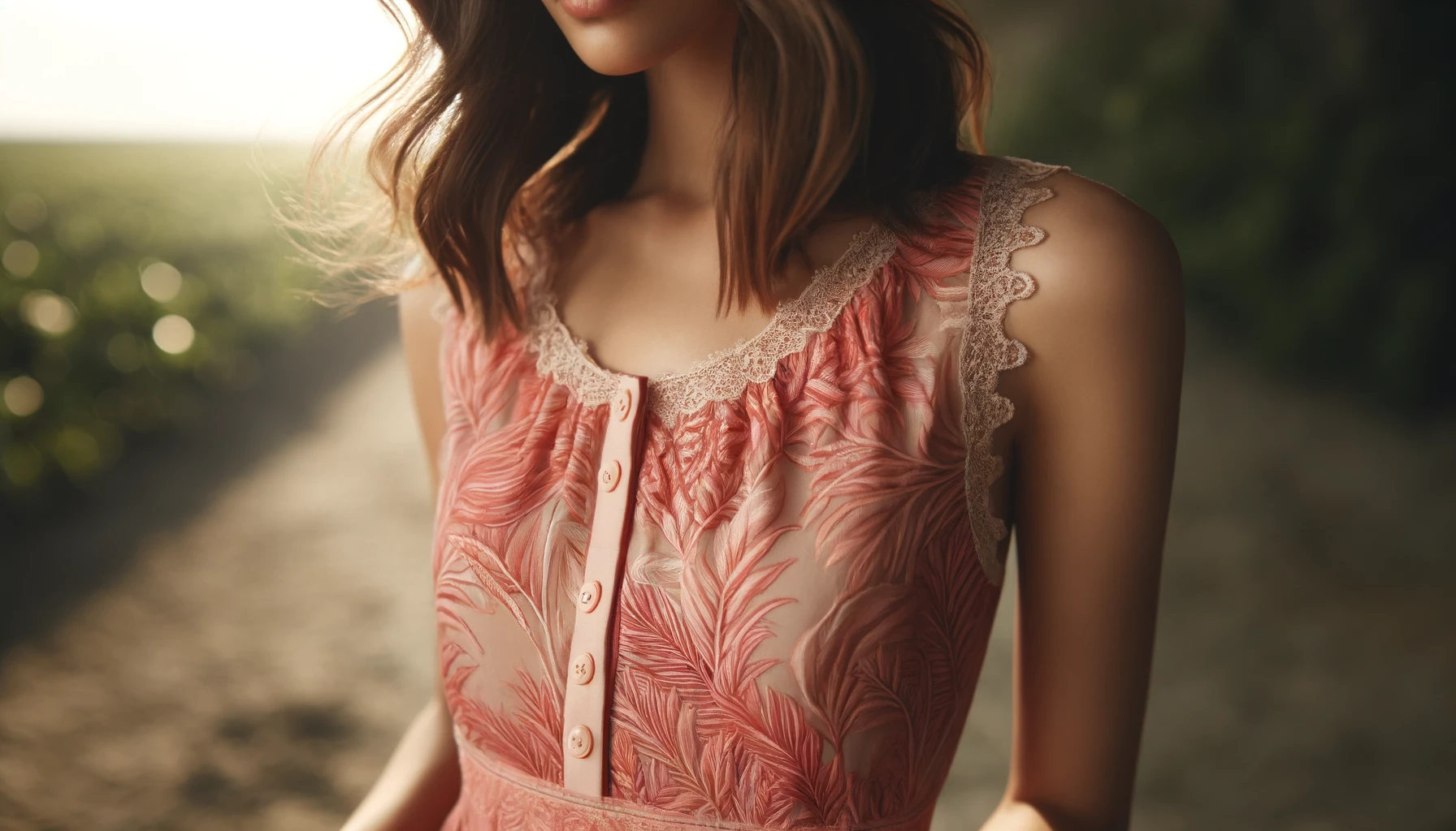 DALL·E-2024-05-16-17.15.55-A-close-up-portrait-of-a-woman-wearing-a-coral-pink-sleeveless-dress-with-a-detailed-exotic-leaf-pattern.-The-dress-features-delicate-buttons-and-lace