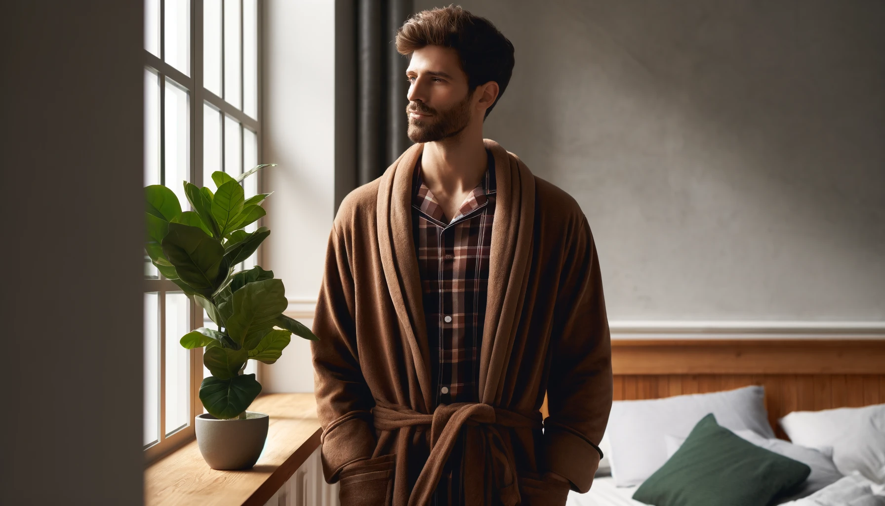 DALL·E-2024-05-17-11.25.45-Photograph-of-a-man-wearing-a-brown-bathrobe-over-plaid-pajamas.-The-man-is-standing-near-a-window-letting-in-natural-light-in-a-room-with-white-wall