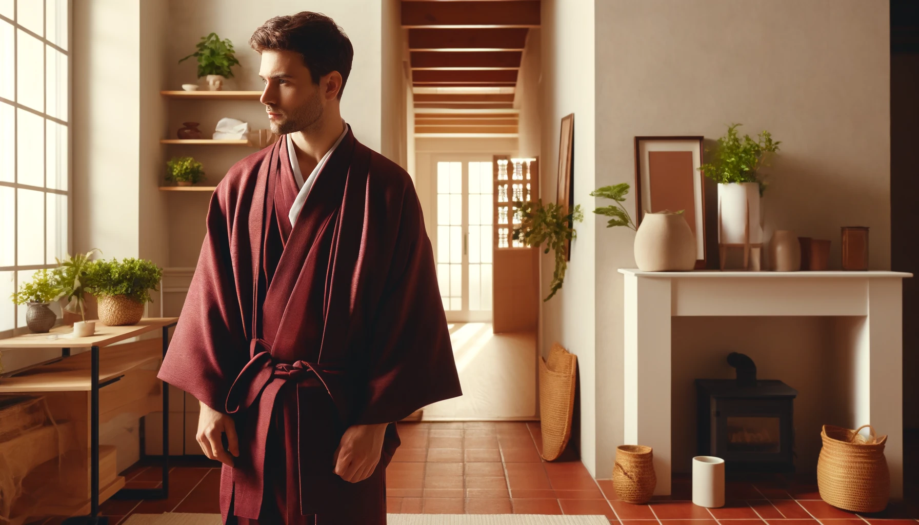 DALL·E-2024-05-17-11.29.38-Photograph-of-a-man-wearing-a-burgundy-red-kimono.-The-man-is-standing-in-an-interior-with-white-walls-and-a-terracotta-tiled-floor.-He-is-near-a-whit