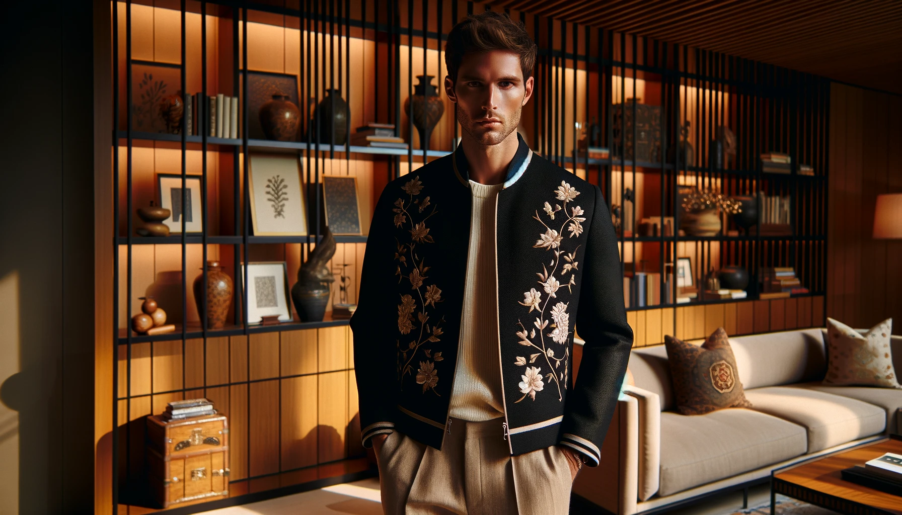 DALL·E-2024-05-17-11.36.50-Photograph-of-a-man-wearing-a-black-embroidered-jacket-and-beige-pants.-The-man-is-standing-in-an-interior-with-wooden-panels-and-shelves-filled-with-