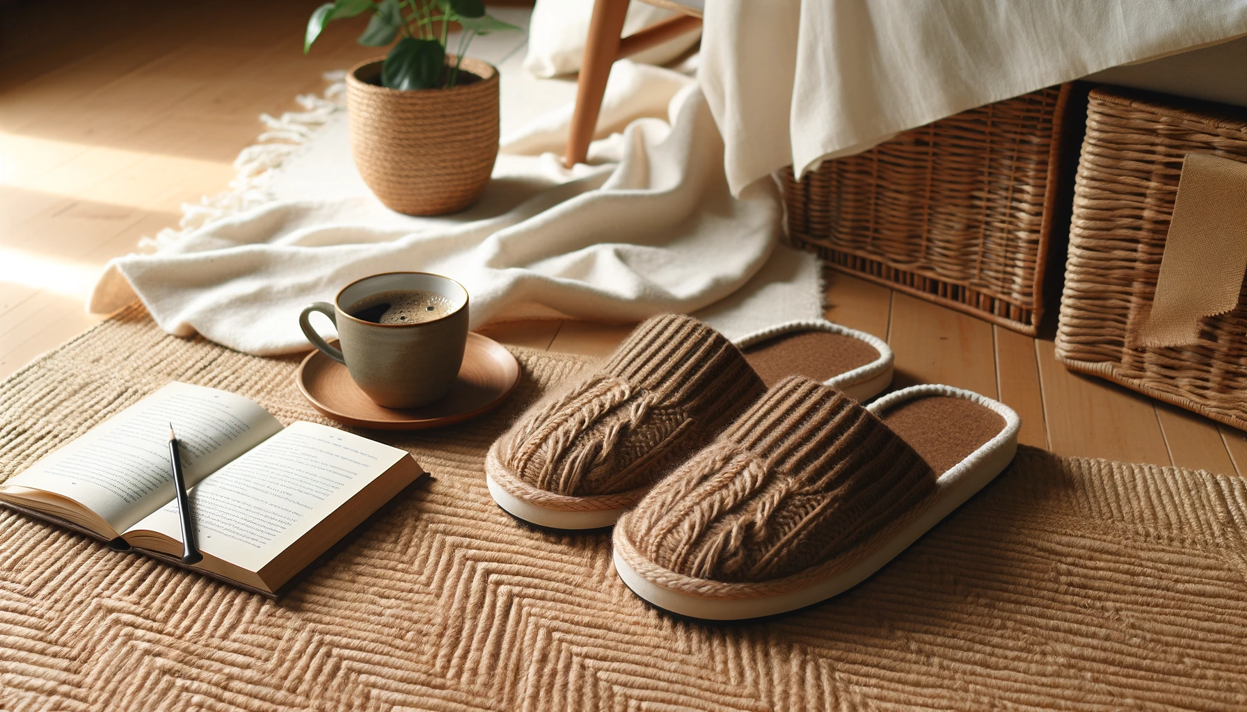 DALL·E-2024-05-17-11.45.20-Photograph-of-two-brown-slippers-placed-on-a-natural-fiber-rug.-Next-to-the-slippers-there-is-a-cup-of-coffee-and-a-closed-book.-The-ambiance-is-cozy