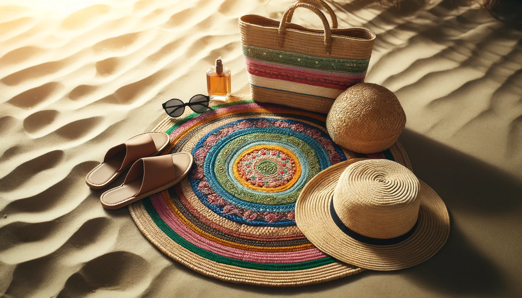 DALL·E-2024-05-17-11.51.01-Photograph-of-a-beach-scene-with-a-straw-mat-with-colorful-borders-placed-on-the-sand.-Next-to-the-mat-include-a-straw-hat-a-pair-of-brown-sandals-