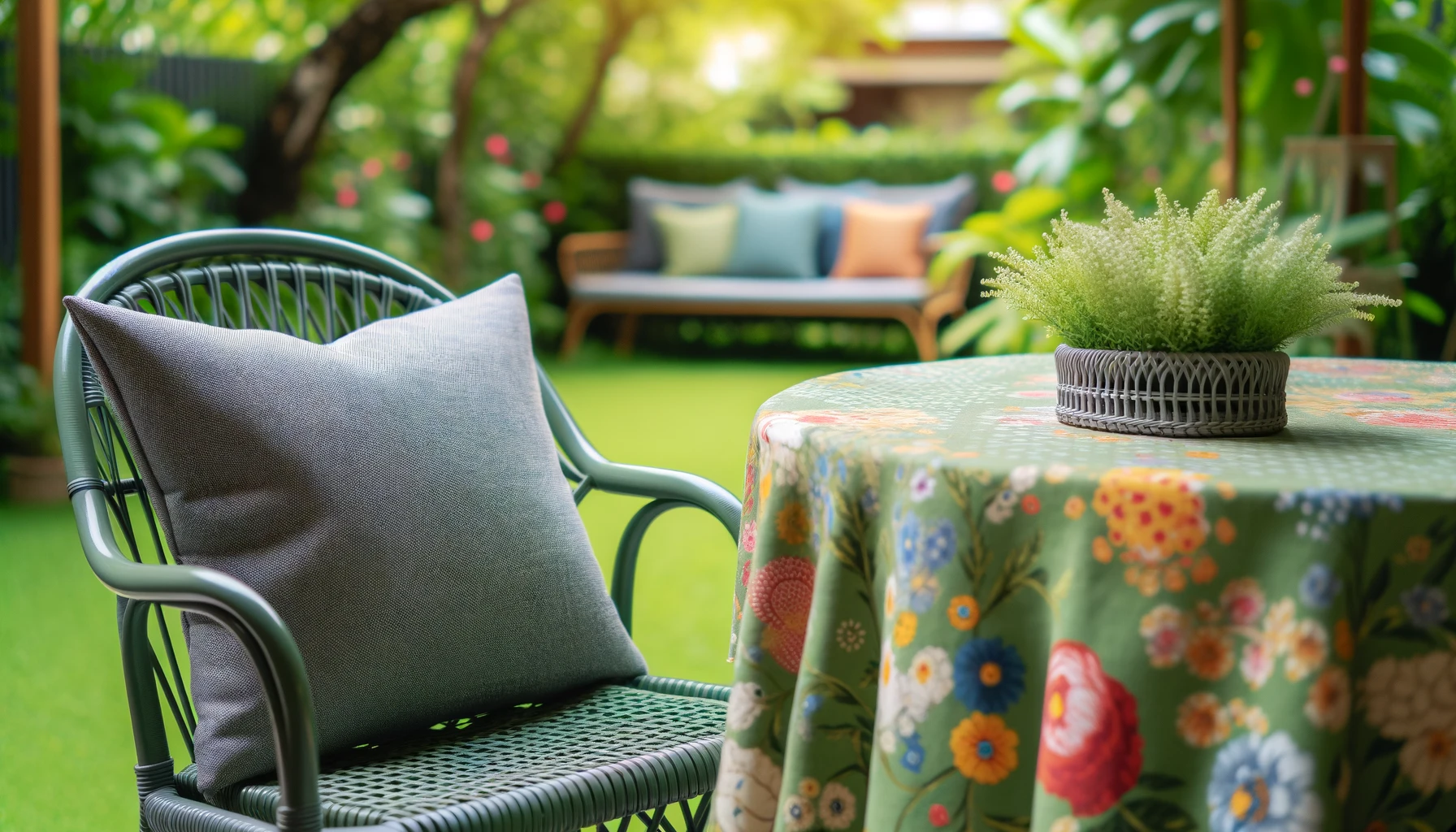 DALL·E-2024-05-17-11.55.32-Photograph-of-a-gray-cushion-attached-to-a-green-garden-chair-with-a-rattan-seat.-The-chair-is-placed-next-to-a-table-covered-with-a-colorful-tableclo