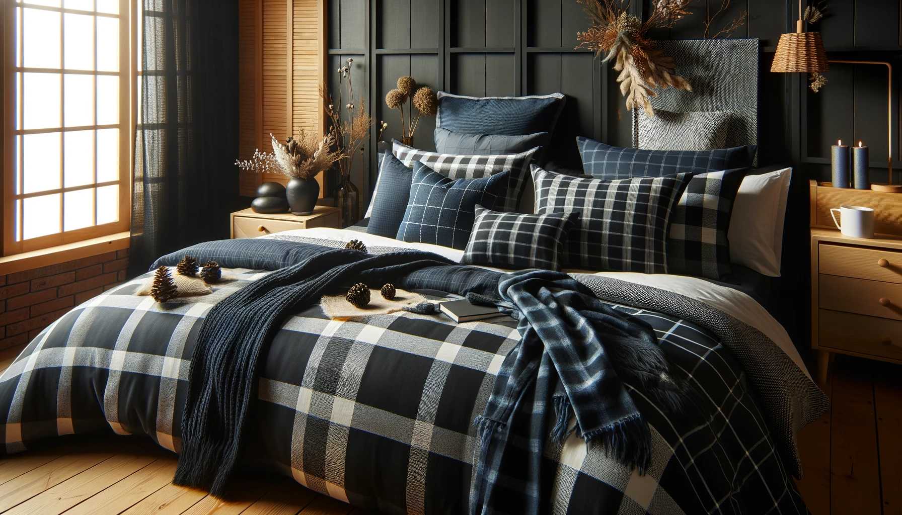 DALL·E-2024-05-17-12.01.34-Photograph-of-a-bed-dressed-with-black-and-white-plaid-patterned-bedding-and-dark-blue-solid-fabric-elements.-The-bed-is-complemented-by-coordinated-p