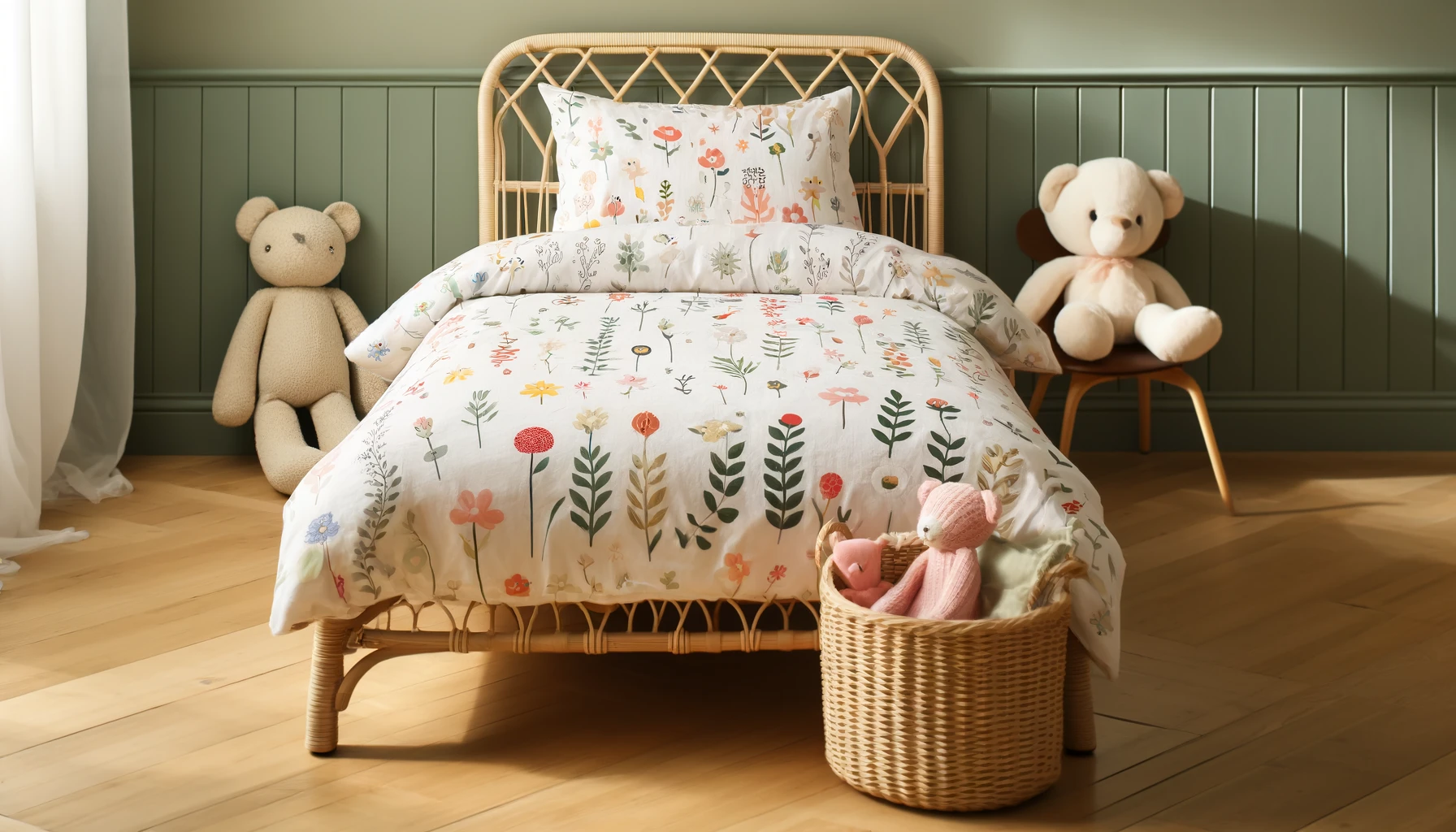 DALL·E-2024-05-17-12.07.57-Photograph-of-a-childs-bed-dressed-with-a-duvet-cover-featuring-floral-and-small-colorful-animal-patterns-on-a-white-background.-The-rattan-bed-is-pl