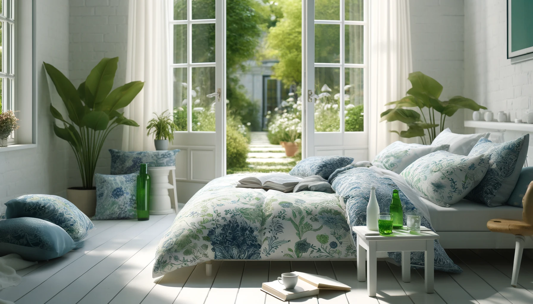 DALL·E-2024-05-17-12.22.23-Photograph-of-a-bed-dressed-with-bedding-featuring-blue-and-green-floral-patterns-on-a-white-background.-The-bed-is-placed-near-open-French-doors-lead