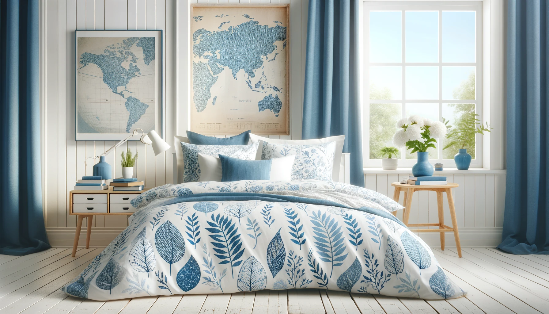DALL·E-2024-05-17-12.32.06-Photograph-of-a-bed-dressed-with-bedding-featuring-white-leaf-patterns-on-a-blue-background-and-blue-leaf-patterns-on-a-white-background.-The-bed-is-l