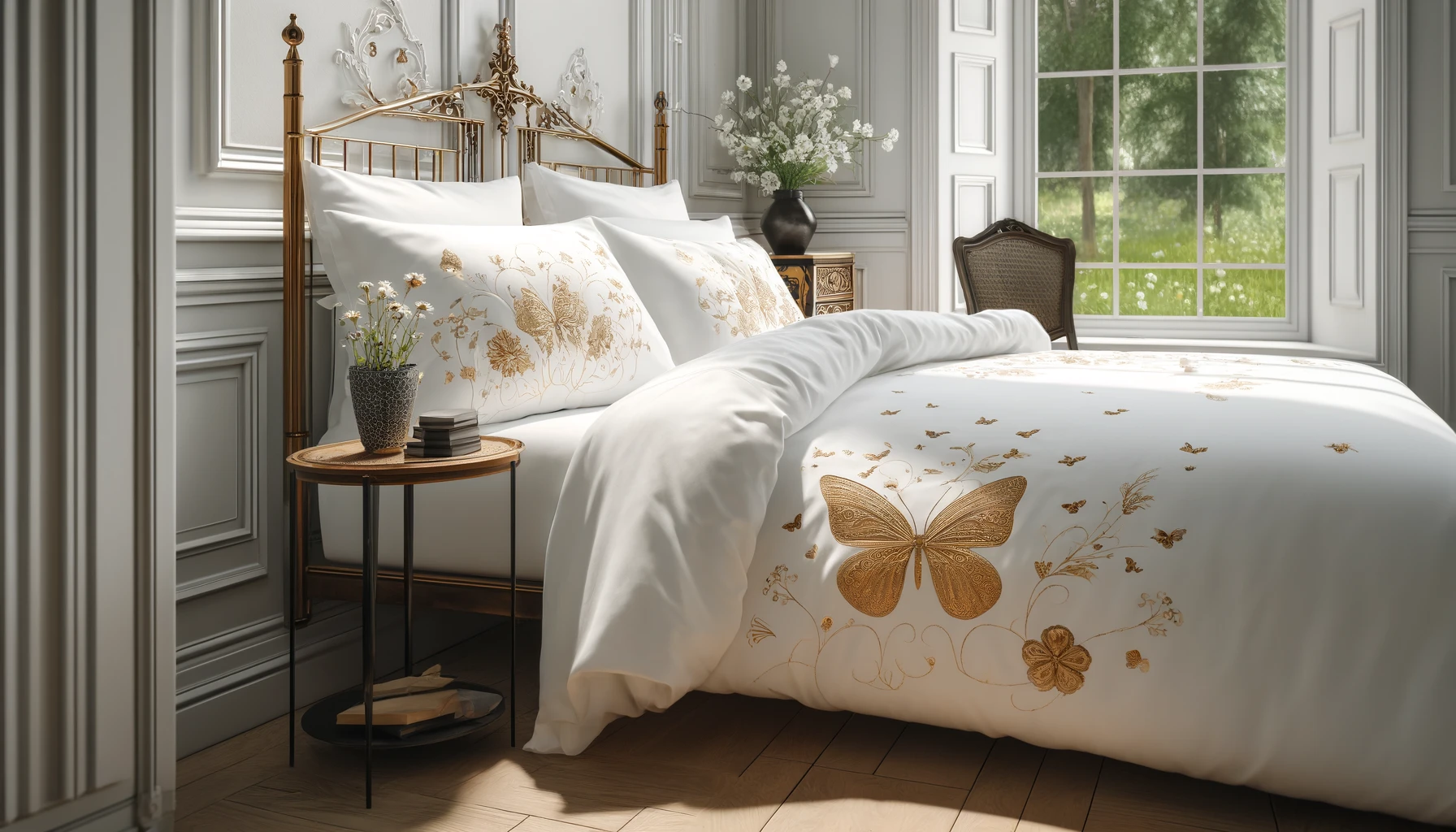 DALL·E-2024-05-17-12.40.40-Photograph-of-a-bed-dressed-with-white-bedding-featuring-delicate-gold-butterfly-motifs.-The-bed-is-placed-in-a-bright-room-with-walls-adorned-with-mo