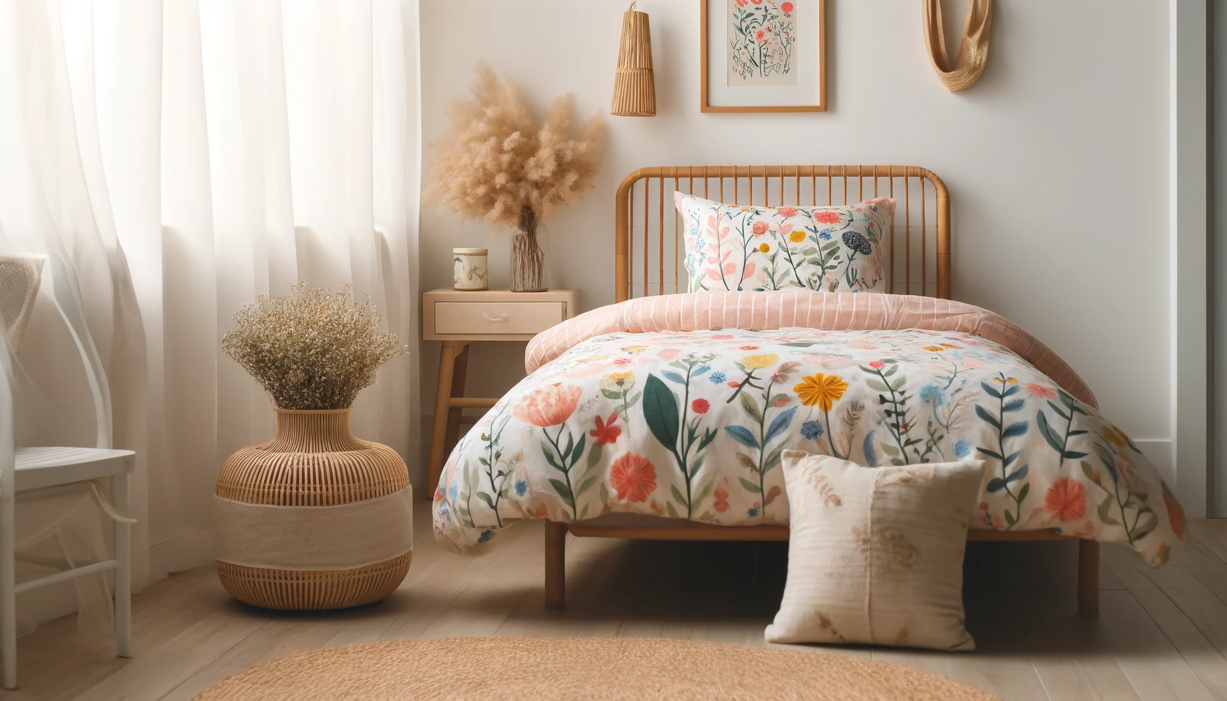 DALL·E-2024-05-17-13.08.09-Photograph-of-a-childs-bed-dressed-with-colorful-floral-patterned-bedding.-The-room-is-bright-with-white-walls-and-rattan-elements-like-the-bed-and-a