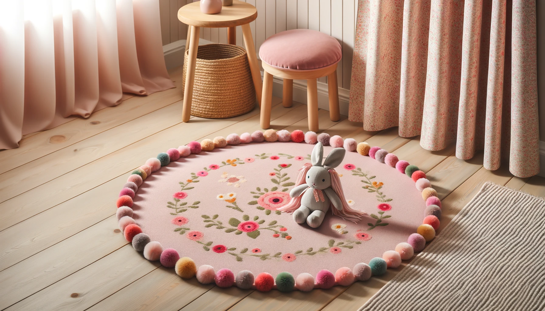 DALL·E-2024-05-17-13.25.01-Photograph-of-a-round-pink-rug-decorated-with-colorful-pom-poms-around-the-edge.-The-rug-is-placed-on-a-light-wood-floor-next-to-a-floral-patterned-c