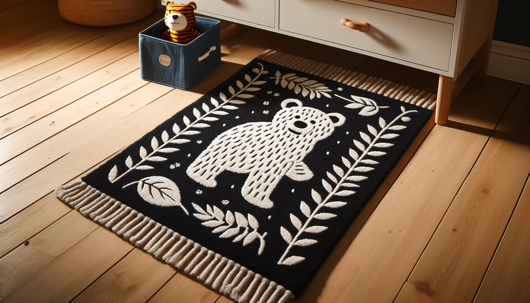 DALL·E-2024-05-17-13.34.34-Photograph-of-a-rectangular-dark-colored-rug-with-white-bear-and-leaf-motifs.-The-rug-is-placed-on-a-light-wood-floor-and-has-fringes-at-the-ends.-Nex