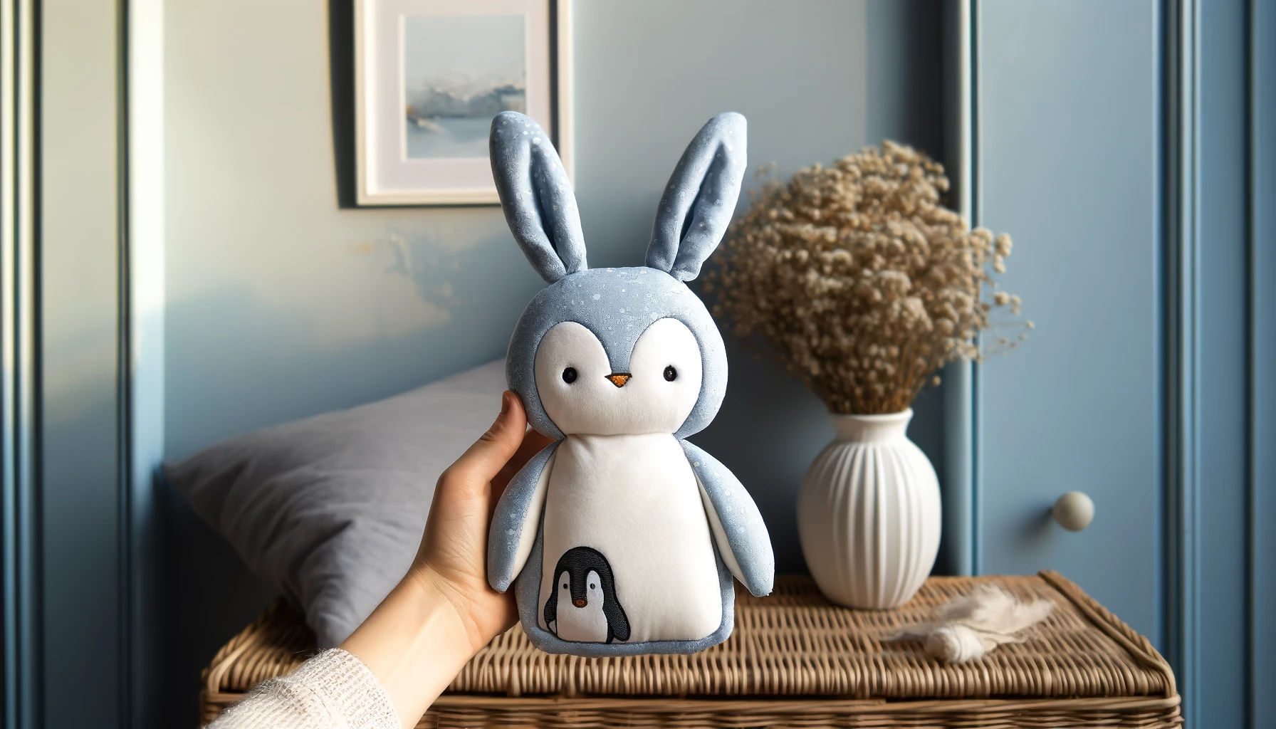 DALL·E-2024-05-17-13.58.45-Photograph-of-a-bunny-shaped-comfort-toy-with-penguin-patterns-held-by-a-hand.-The-toy-is-made-of-blue-fabric-with-penguin-patterns-and-soft-gray-fab