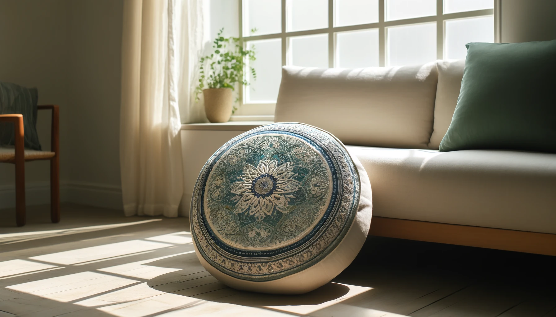 DALL·E-2024-05-17-15.37.51-A-photograph-of-a-round-cushion-with-an-intricate-embroidered-pattern-in-white-blue-and-green-colors-resting-on-a-light-colored-sofa-near-a-large-w