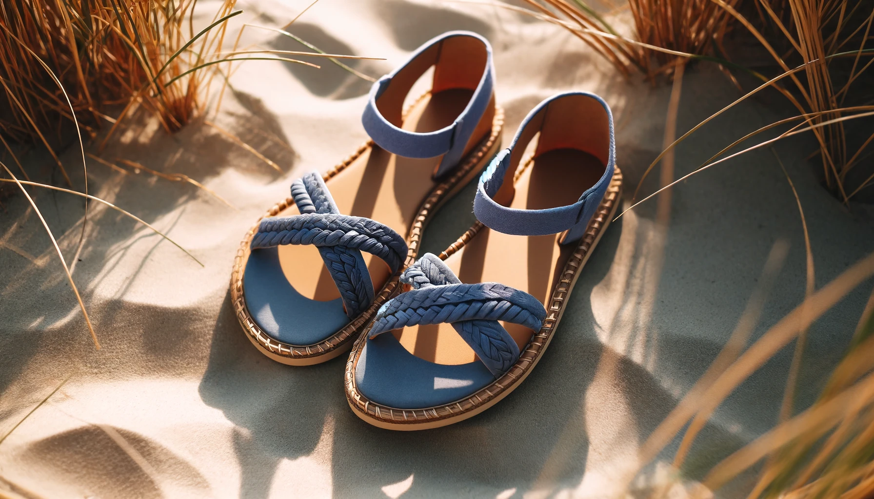 DALL·E-2024-05-17-16.48.33-A-photograph-of-two-blue-sandals-with-crossed-suede-straps.-The-sandals-are-placed-on-sand-with-some-fine-grass-visible-around.-The-soles-appear-to-be