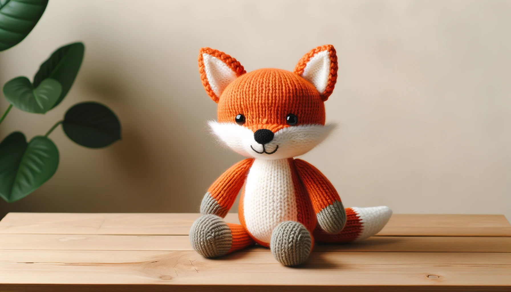 DALL·E-2024-05-17-17.27.13-A-photograph-of-a-knitted-orange-fox-plush-toy-sitting-on-a-wooden-bench-against-a-light-beige-wall.-The-fox-has-a-cheerful-expression-with-white-ears