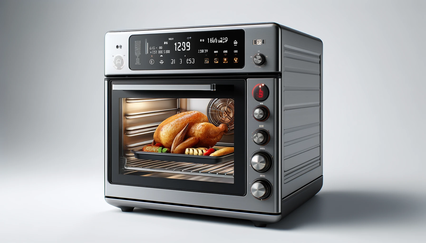 DALL·E-2024-05-18-22.53.47-A-modern-Ninja-convection-oven-in-stainless-steel-with-a-digital-control-panel-displaying-time-temperature-and-various-cooking-functions.-Inside-a-