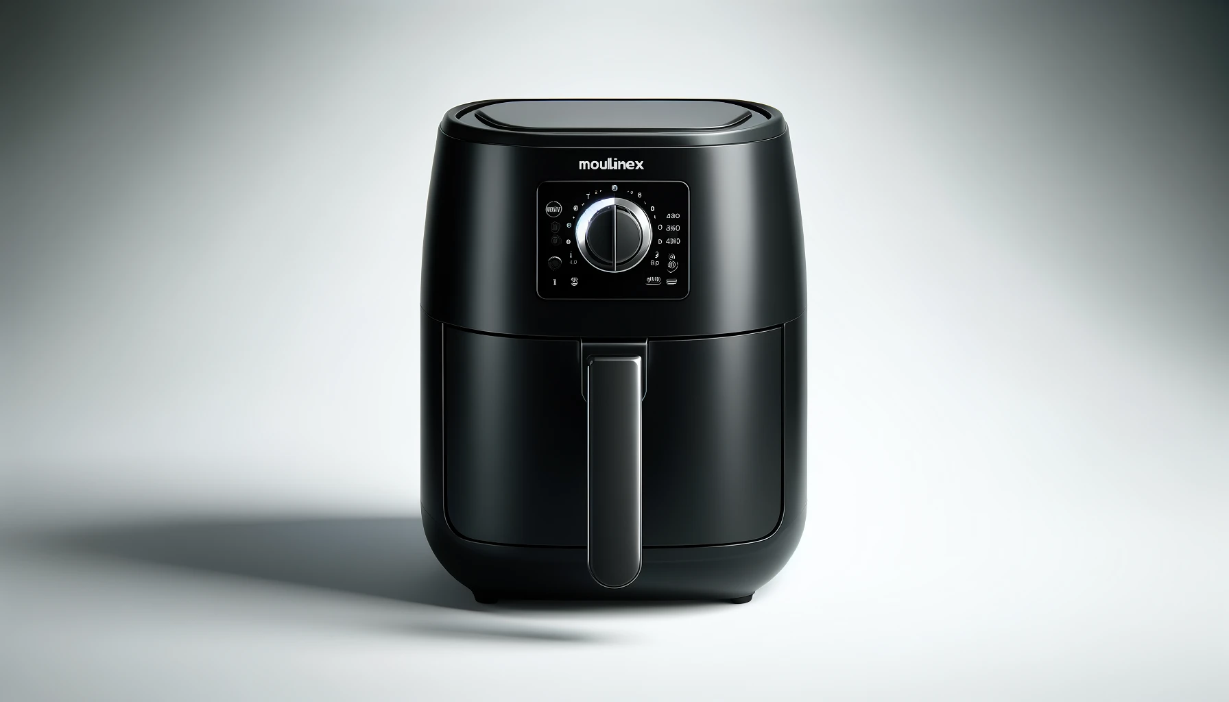 DALL·E-2024-05-19-05.58.31-A-black-Moulinex-air-fryer-with-a-compact-and-minimalist-design.-The-appliance-features-a-simple-control-panel-on-top-including-a-dial-for-setting-th