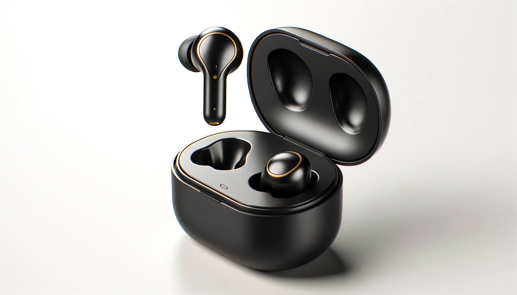 DALL·E-2024-05-19-09.06.39-A-pair-of-black-wireless-earbuds-in-a-charging-case.-One-earbud-is-floating-above-the-case.-The-earbuds-have-an-elegant-and-compact-design-with-gold-a