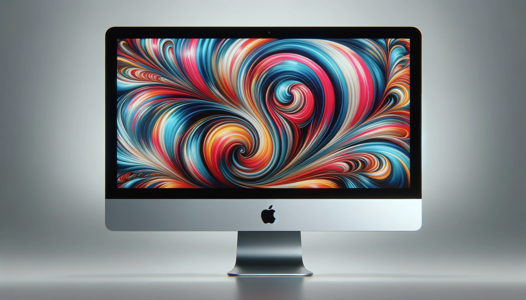 DALL·E-2024-05-19-14.22.48-Image-of-a-silver-iMac-viewed-from-the-front-with-a-screen-displaying-a-vibrant-and-colorful-wallpaper-featuring-swirling-abstract-patterns.-The-iMac-