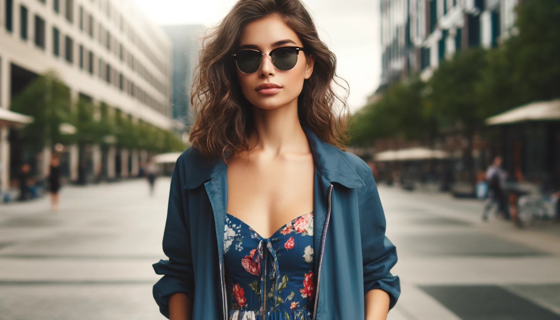 DALL·E-2024-05-19-17.09.49-Create-a-high-quality-16_9-image-of-a-woman-wearing-a-blue-jacket-and-a-floral-dress-with-curly-hair-tied-back.-She-is-wearing-sunglasses-and-standin