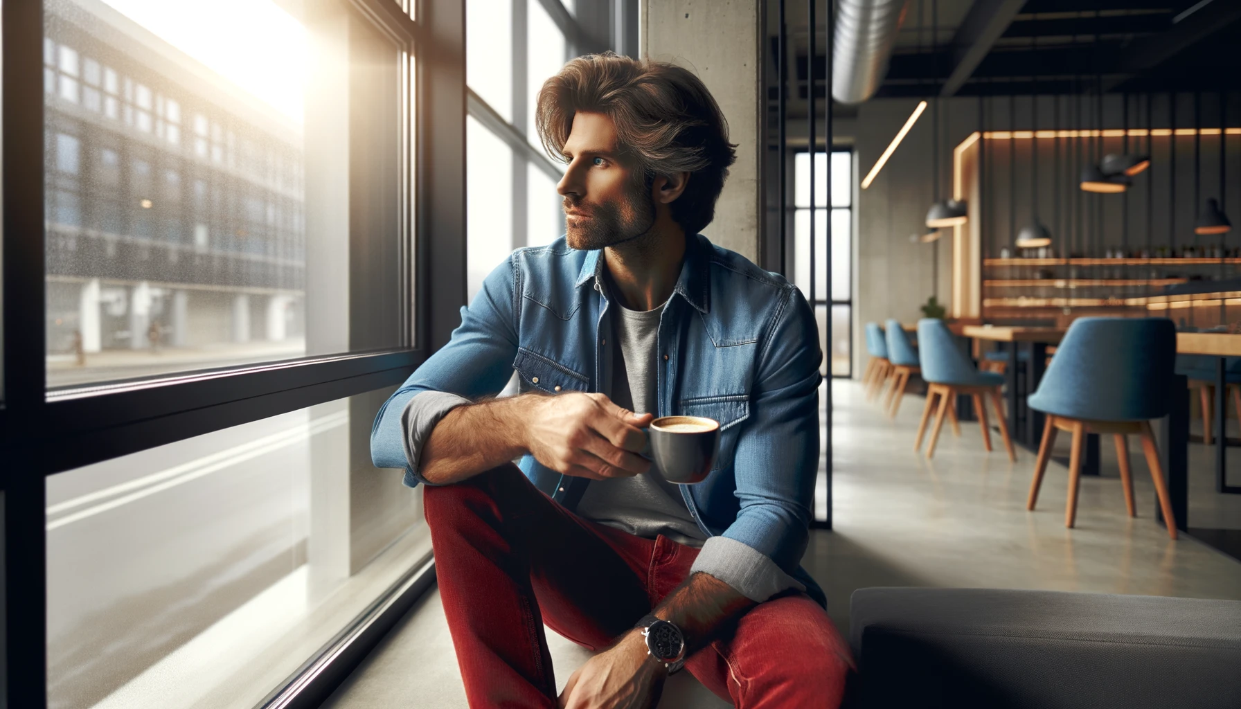 DALL·E-2024-05-20-09.15.29-A-man-with-medium-length-hair-wearing-a-blue-denim-shirt-and-red-pants-sitting-near-a-large-window-in-a-modern-interior.-He-is-holding-a-coffee-cup-i