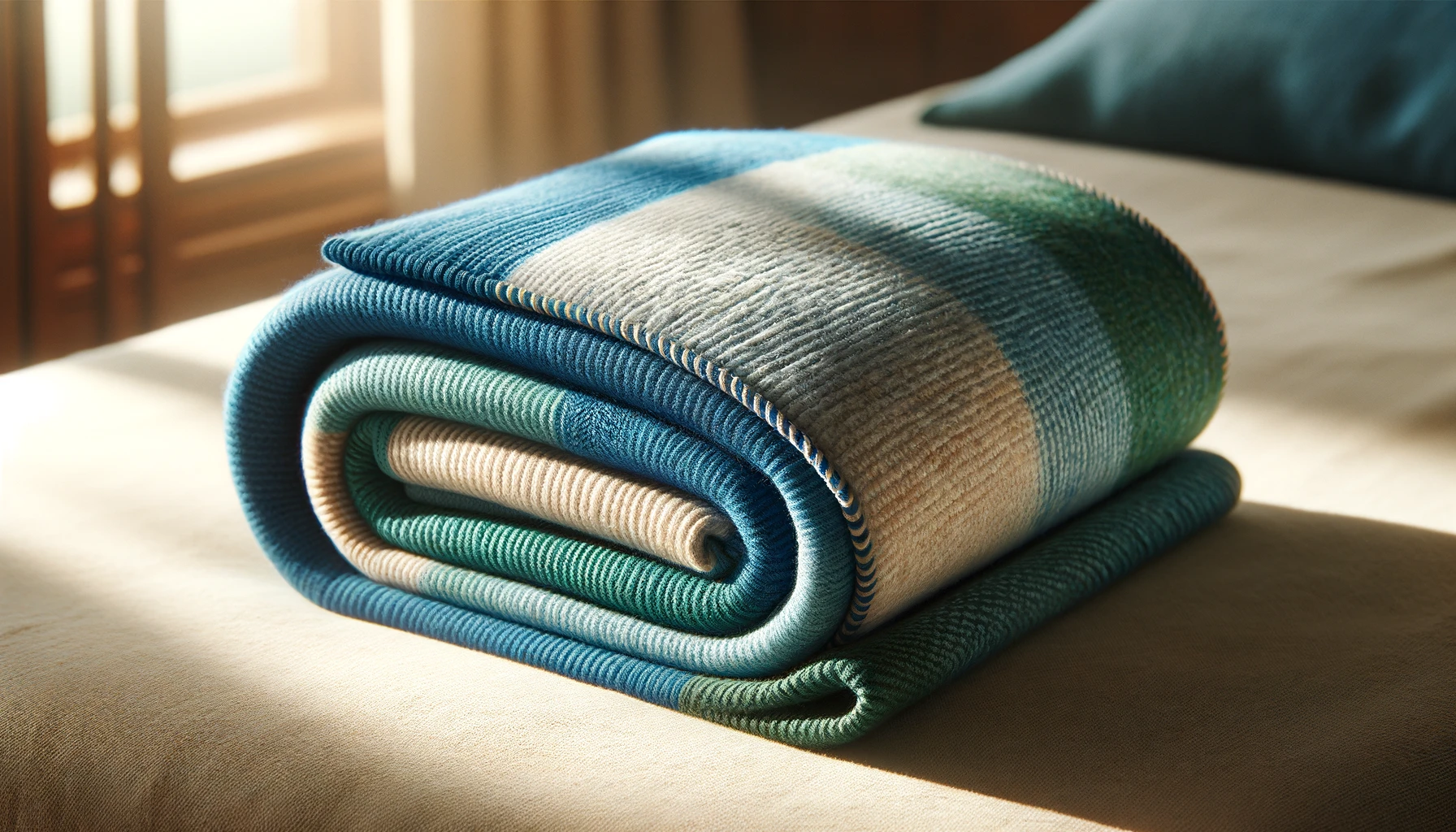 DALL·E-2024-05-20-10.11.57-A-folded-blanket-in-blue-and-green-colors-edged-with-blue-placed-on-a-beige-surface.-The-blanket-is-neatly-rolled-showcasing-the-textures-and-color